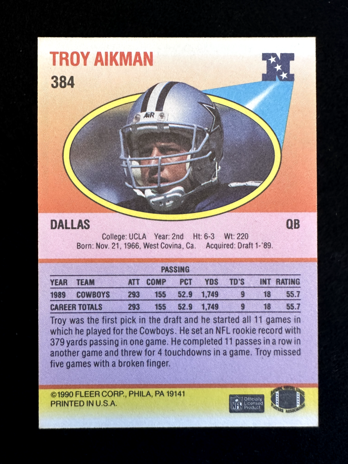 1990 Fleer Troy Aikman (#384) NM HOFer, Future SB Champ ^GRUMPYBUCK^