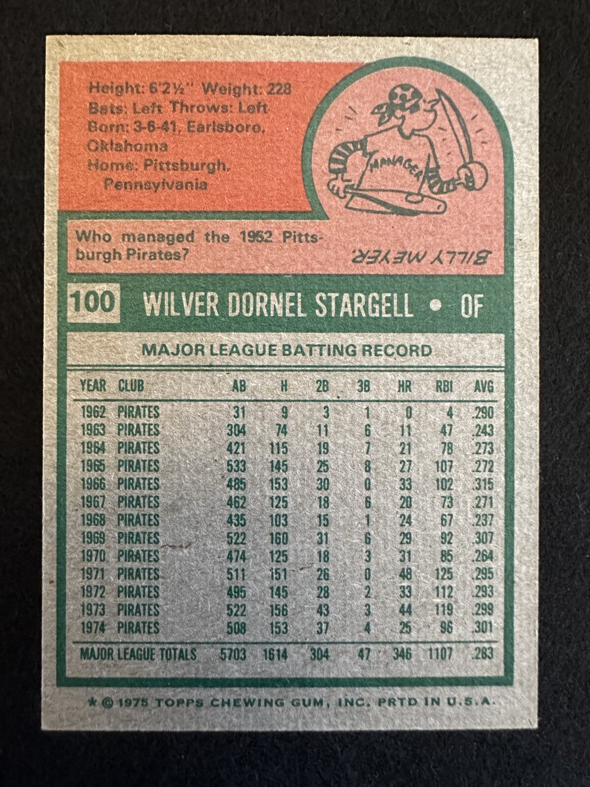 1975 Topps Willie Stargell (#100) NM HOFer, WS Champ, Pirates Great ^GRUMPYBUCK^