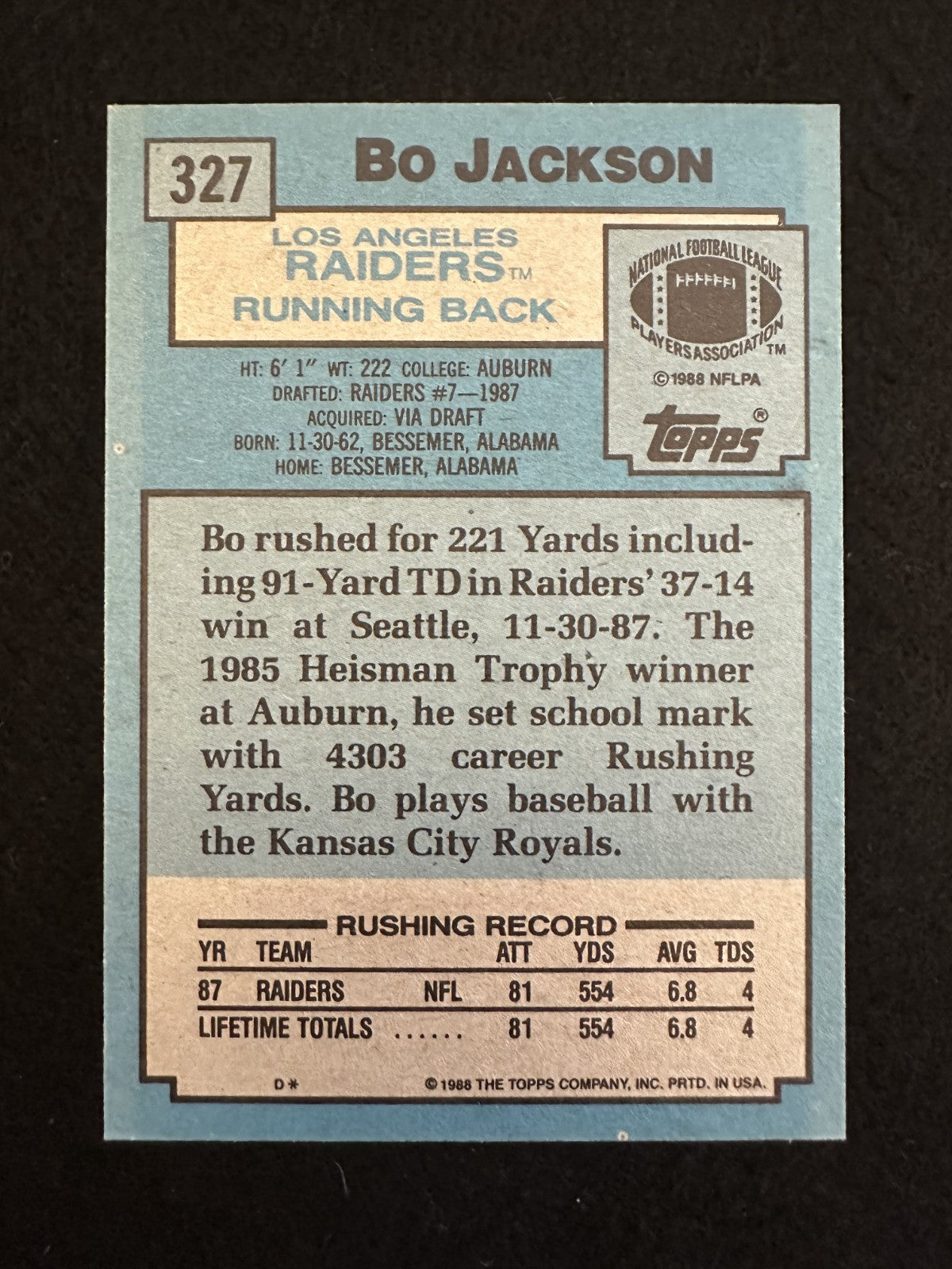 1988 Topps Bo Jackson (#327) NM Rookie Card, 2-Sport Star ^GRUMPYBUCK^