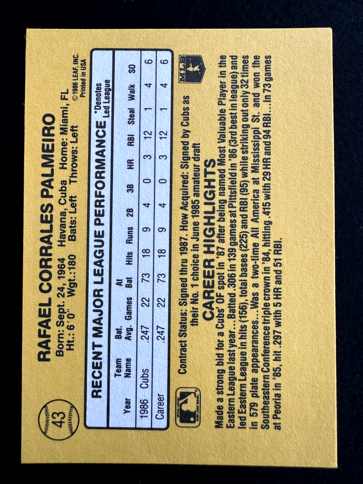 1987 Donruss Rafael Palmeiro (#43) NM Rookie Card, 3k Hits, 500 HRs ^GRUMPYBUCK^