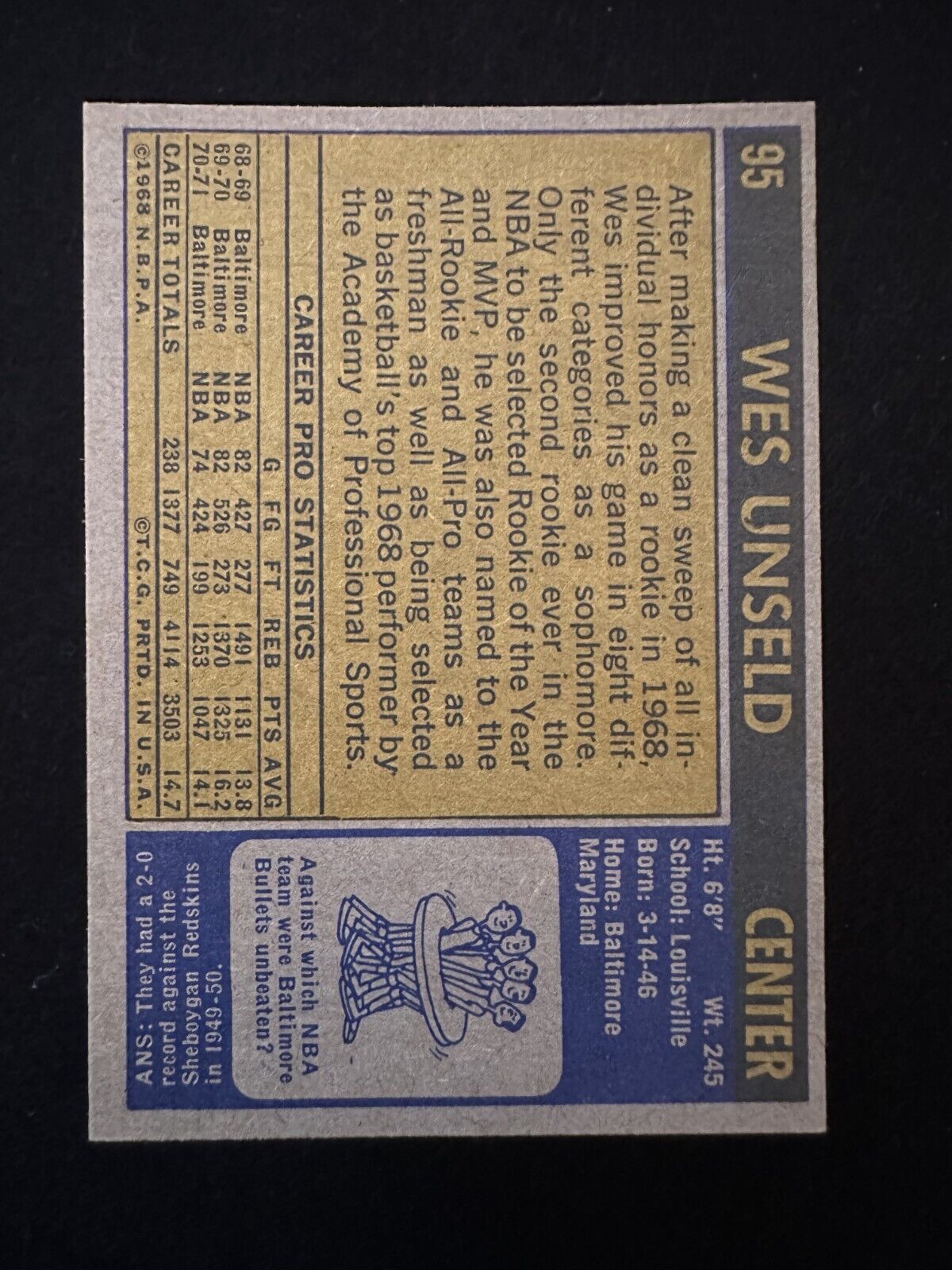 1971–72 Topps Wes Unseld (#95) NM HOFers, NBA Champ, MVP, ROY ^GRUMPYBUCK^