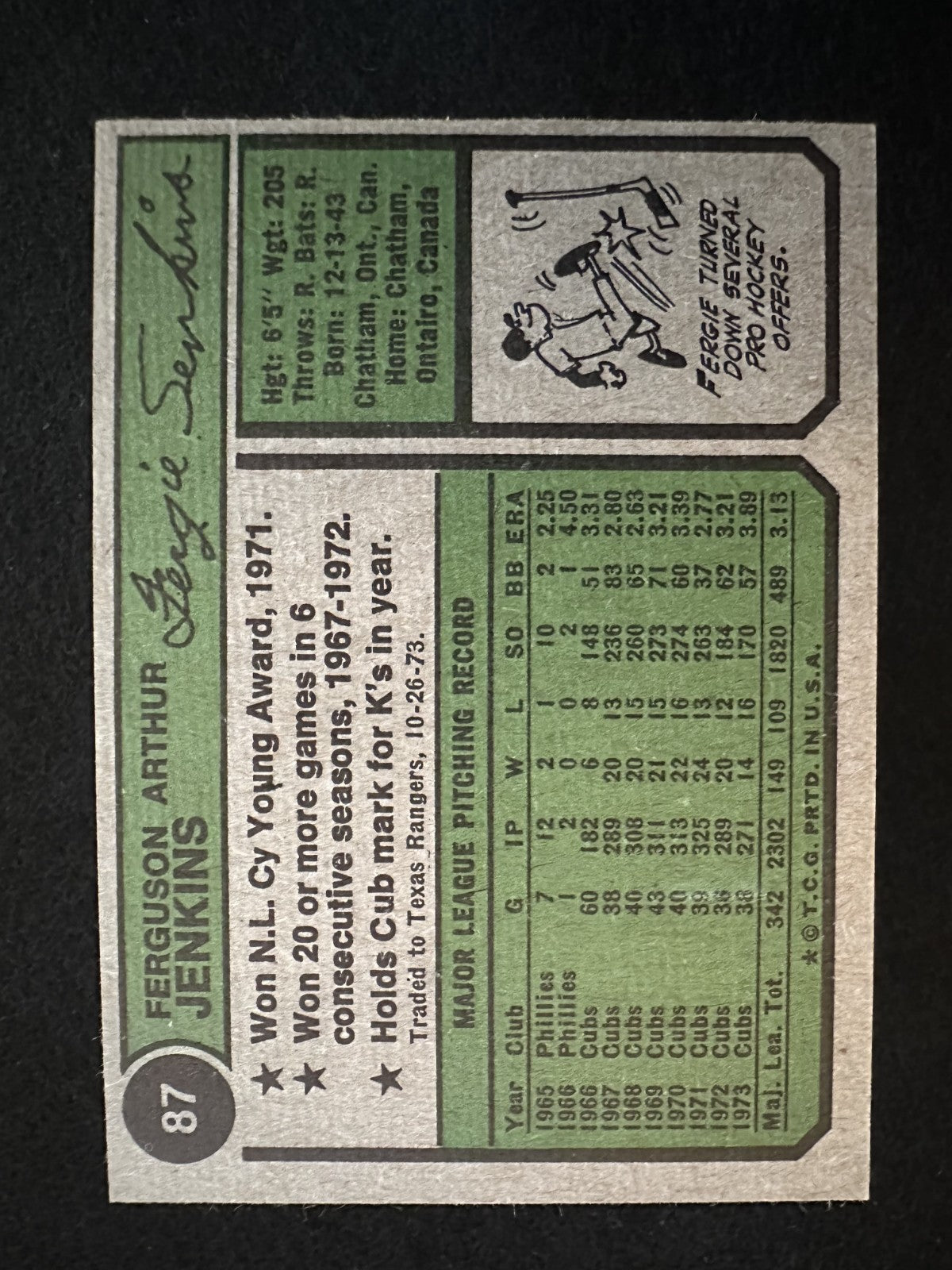 1974 Topps Fergie Jenkins (#87) NM HOFer, Cubs Ace ^GRUMPYBUCK^