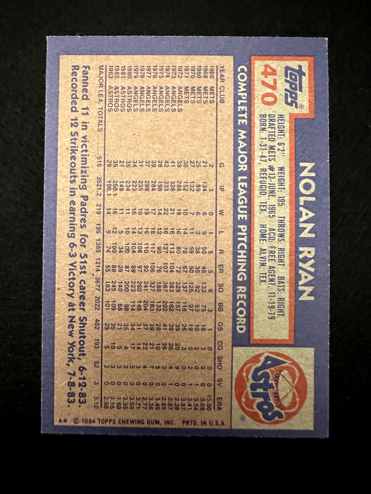 1984 Topps Nolan Ryan (#470) NM The Ryan Express, HOFer ^GRUMPYBUCK^