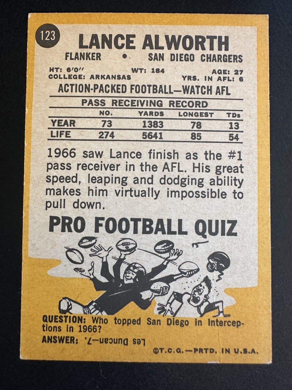 1967 Topps Lance Alworth (#123) EX HOFer, SB Champ ^GRUMPYBUCK^