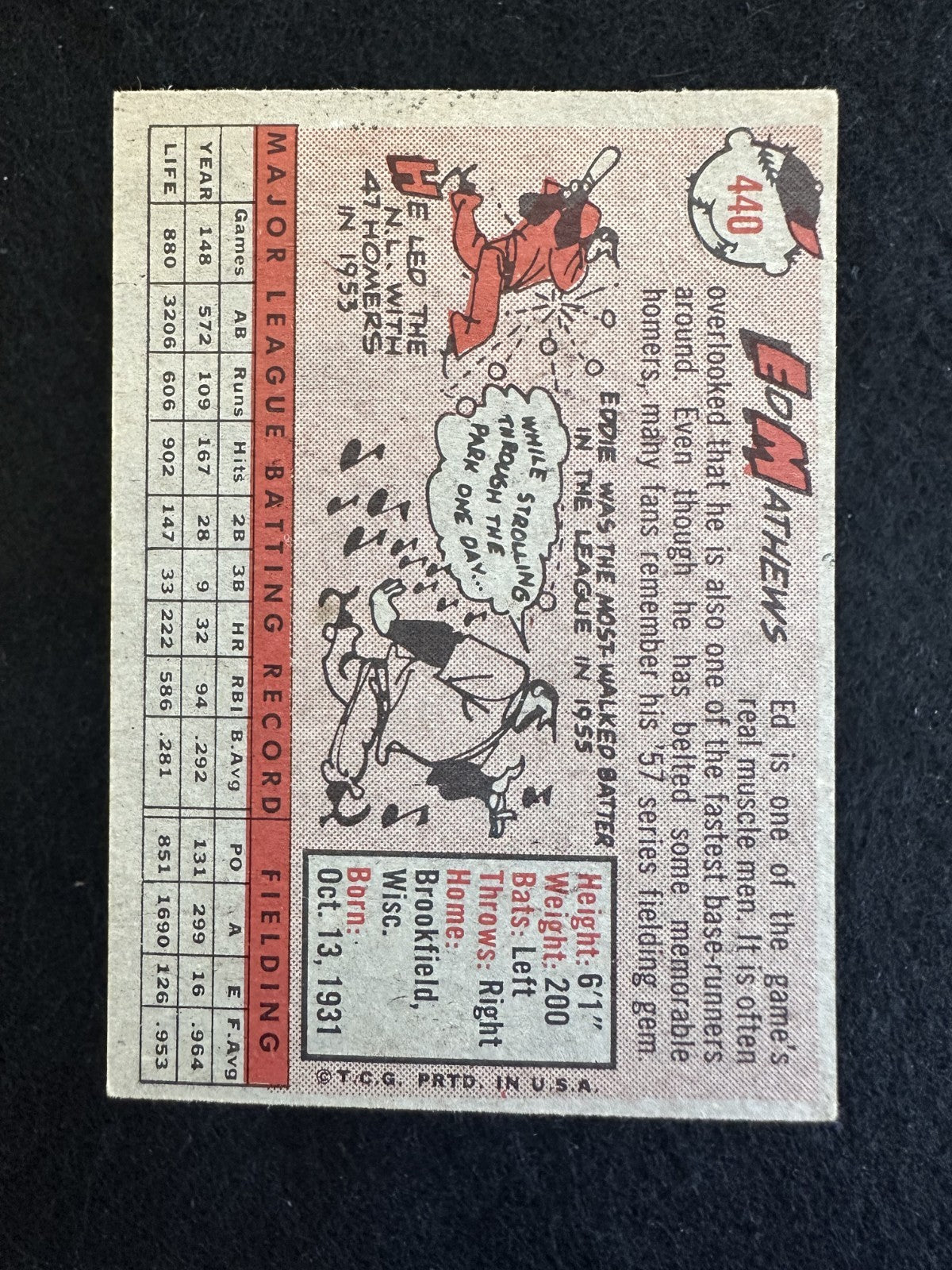 1958 Topps Eddie Mathews (#440) EX HOF 3B, Braves Slugger ^GRUMPYBUCK^