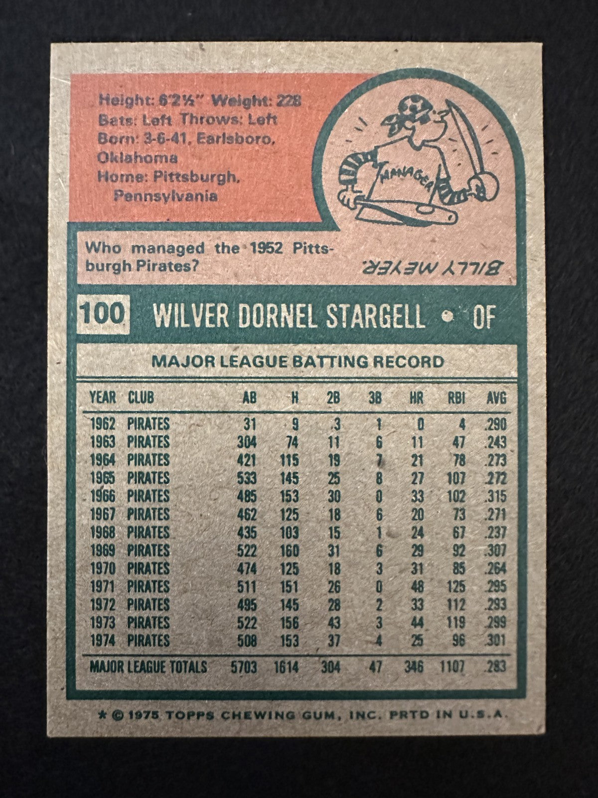 1975 Topps Willie Stargell (#100) EX HOFer, Pirates Great ^GRUMPYBUCK^