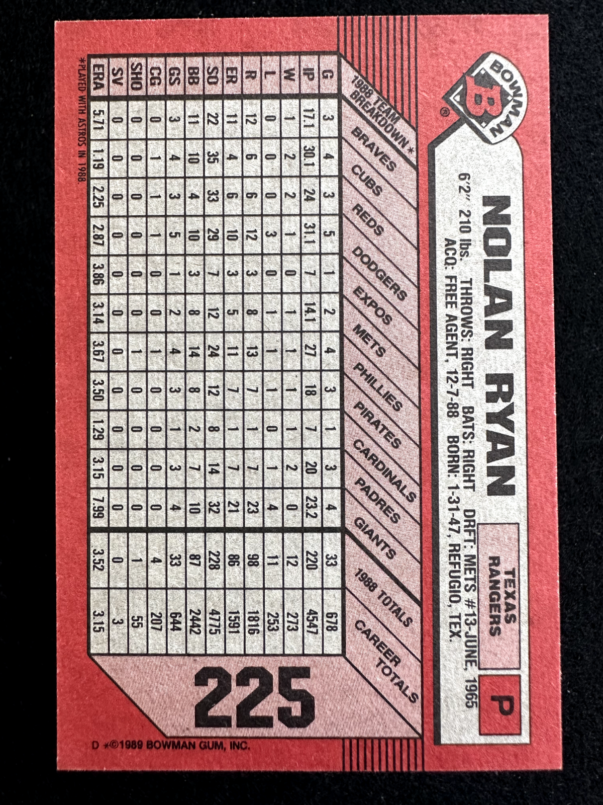 1989 Bowman Nolan Ryan (#225) NM HOFer, 1st Rangers Season ^GRUMPYBUCK^