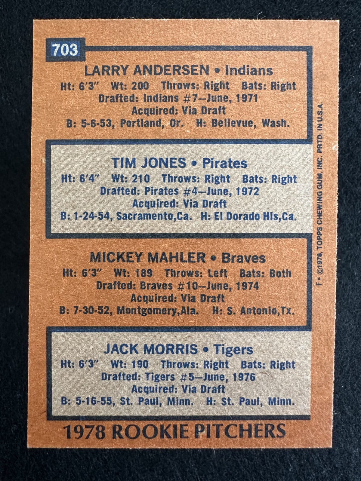 1978 Topps Jack Morris & Others (#703) NM HOFer, Rookie Card ^GRUMPYBUCK^