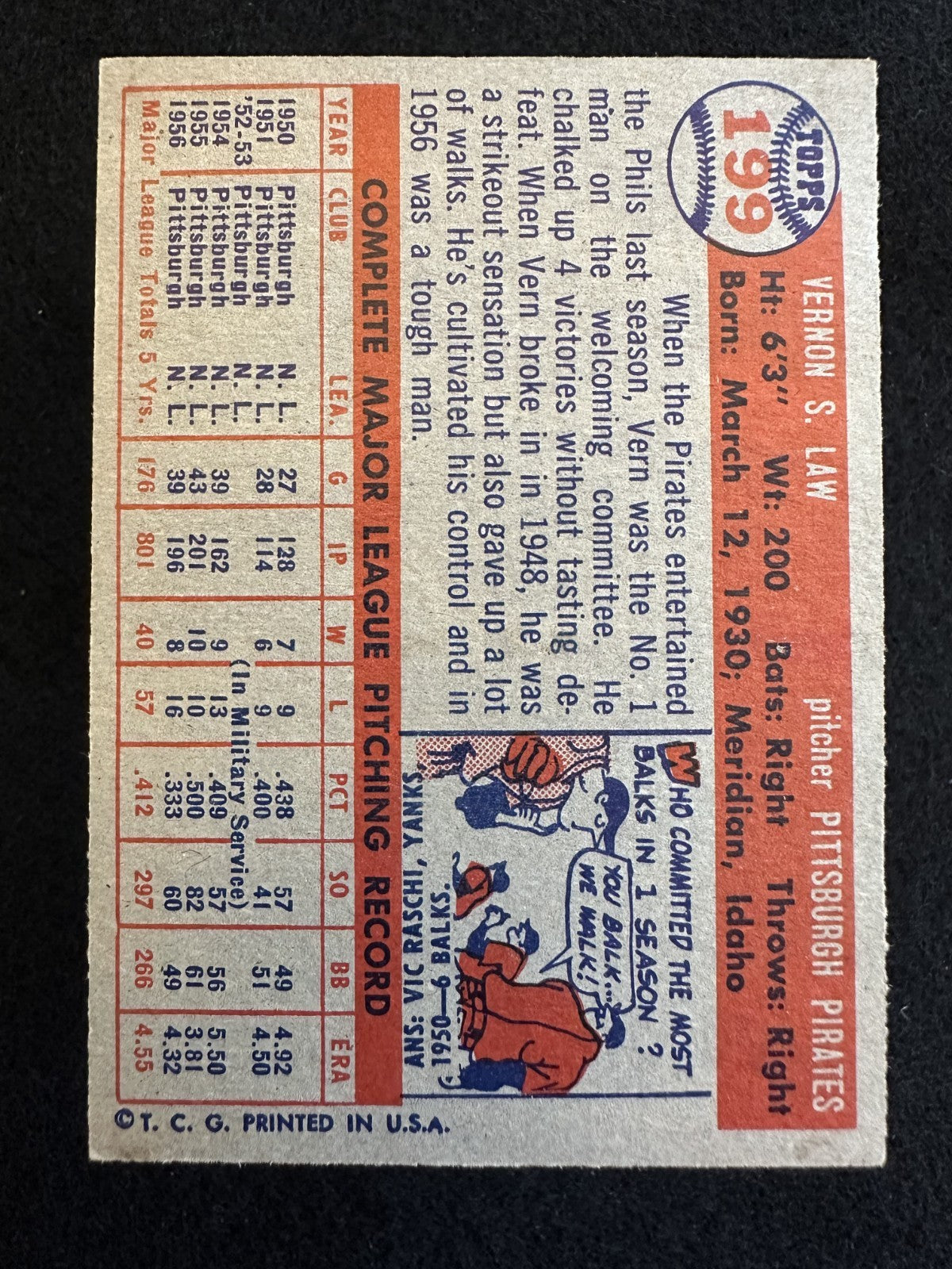 1957 Topps Vern Law (#199) EX Pirates P, Future Cy Young Winner ^GRUMPYBUCK^