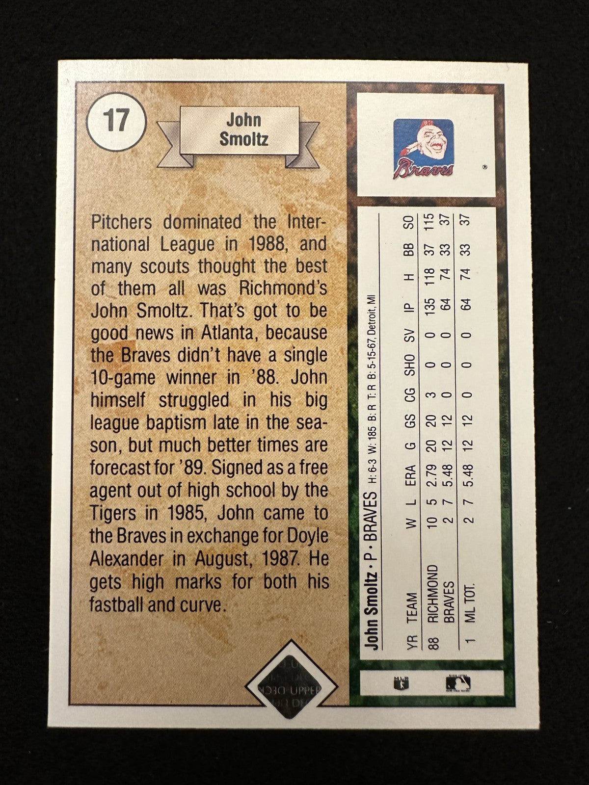 1989 Upper Deck John Smoltz (#17) NM Rookie Card, Braves Ace, HOFer ^GRUMPYBUCK^