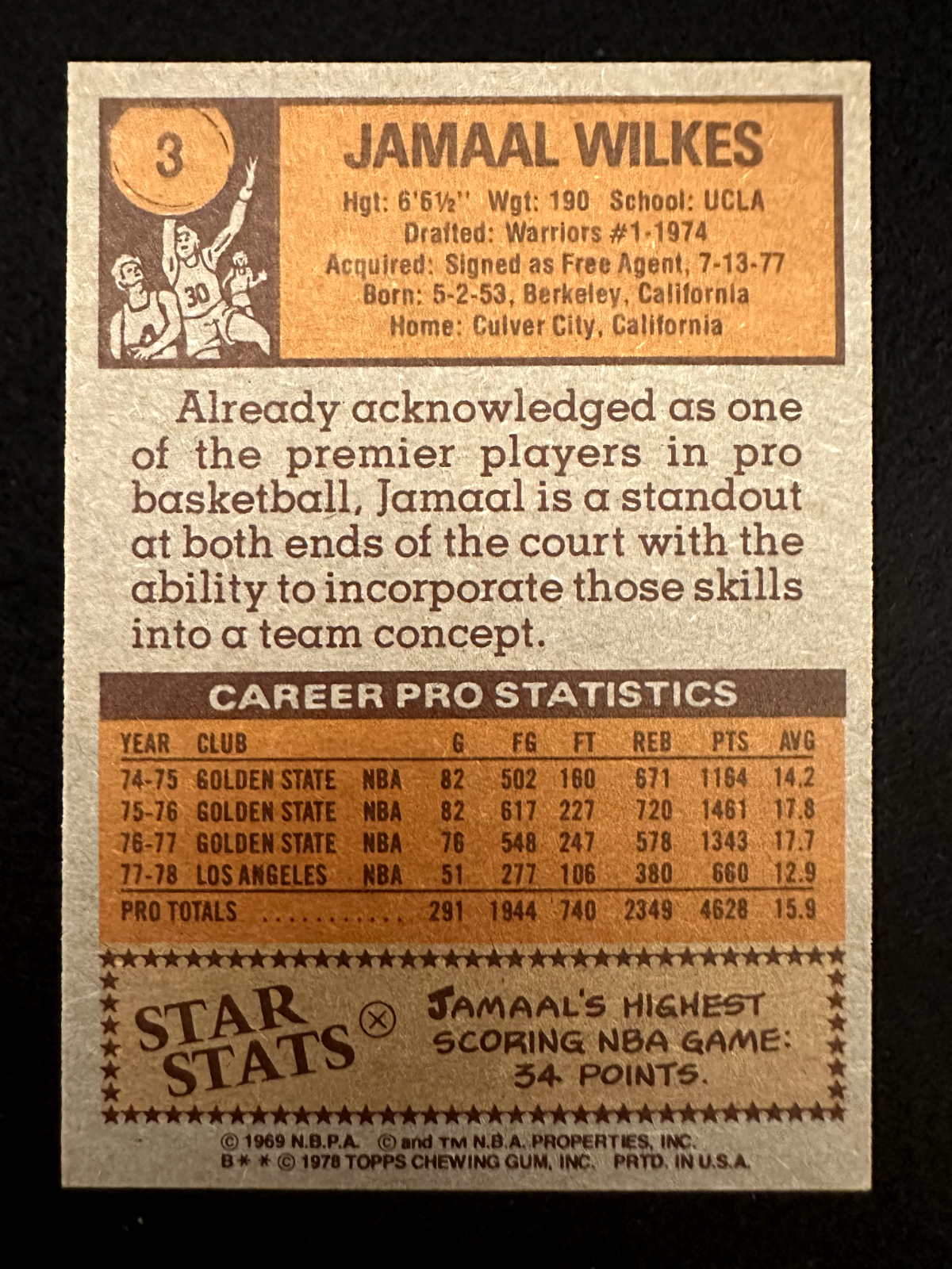 1978–79 Topps Jamaal Wilkes (#3) NM HOFer, NBA Champ ^GRUMPYBUCK^