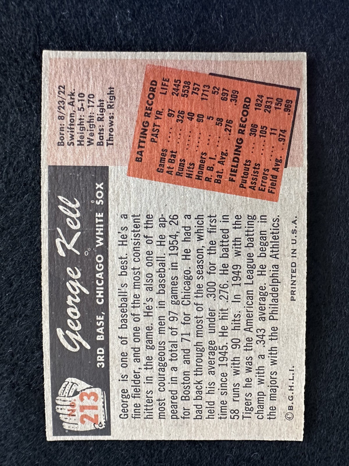 1955 Bowman George Kell (#213) EX HOFer, Tigers/Red Sox ^GRUMPYBUCK^