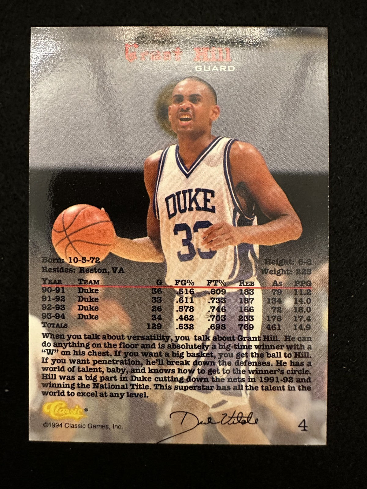 1994 Classic Grant Hill RC (#4) NM HOFer, Pistons Star ^GRUMPYBUCK^
