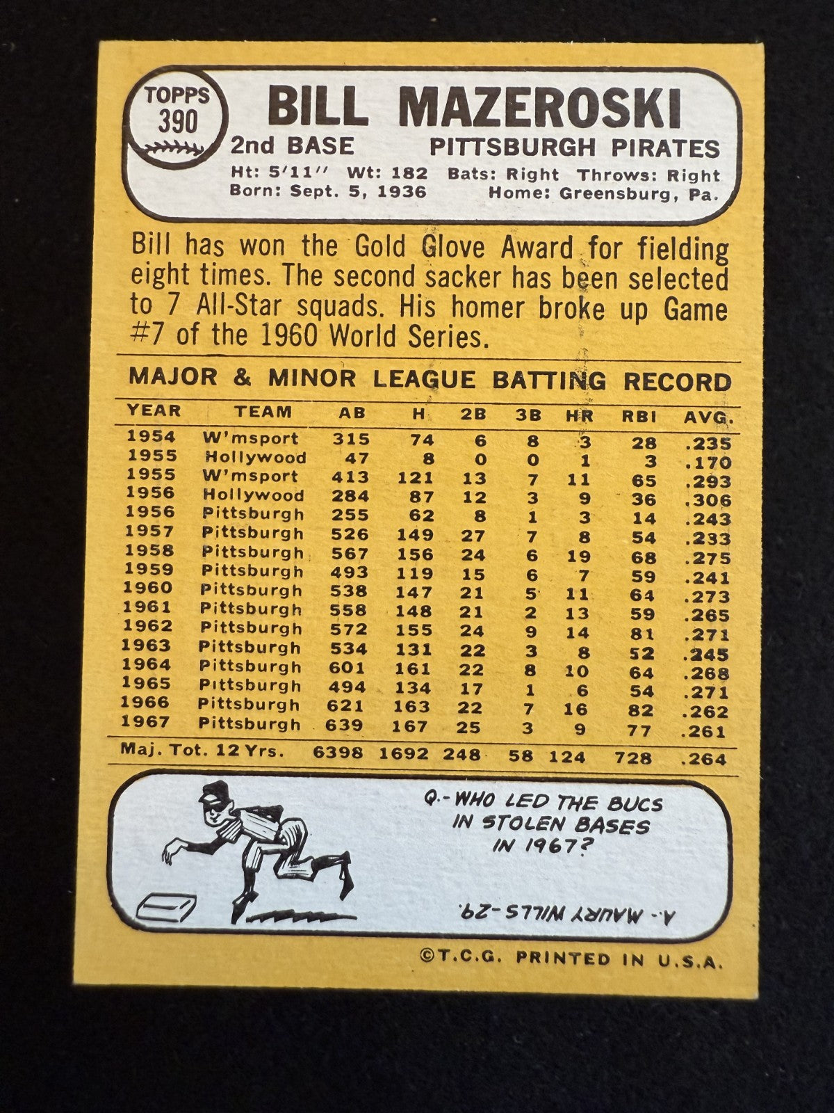 1968 Topps Bill Mazeroski (#390) EX HOFer, Pirates Great ^GRUMPYBUCK^