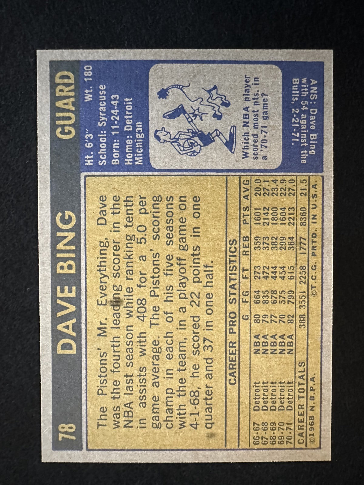 1971–72 Topps Dave Bing (#78) NM HOFer, Pistons Scoring Machine ^GRUMPYBUCK^