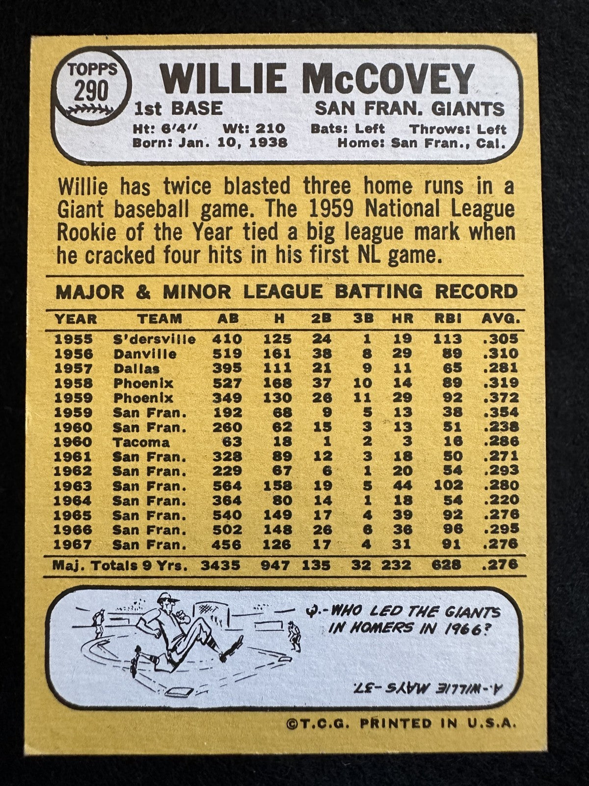 1968 Topps Willie McCovey (#290) NM HOFer, Giants Slugger ^GRUMPYBUCK^