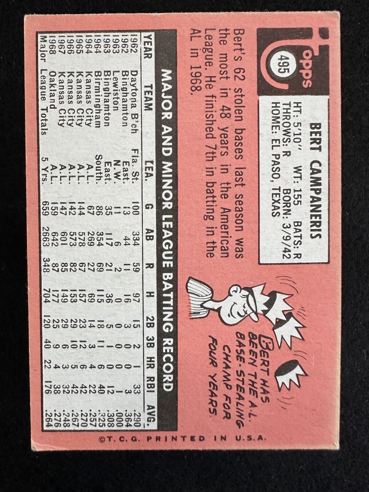 1969 Topps Bert Campaneris (#495) EX WS Champ, All-Star ^GRUMPYBUCK^