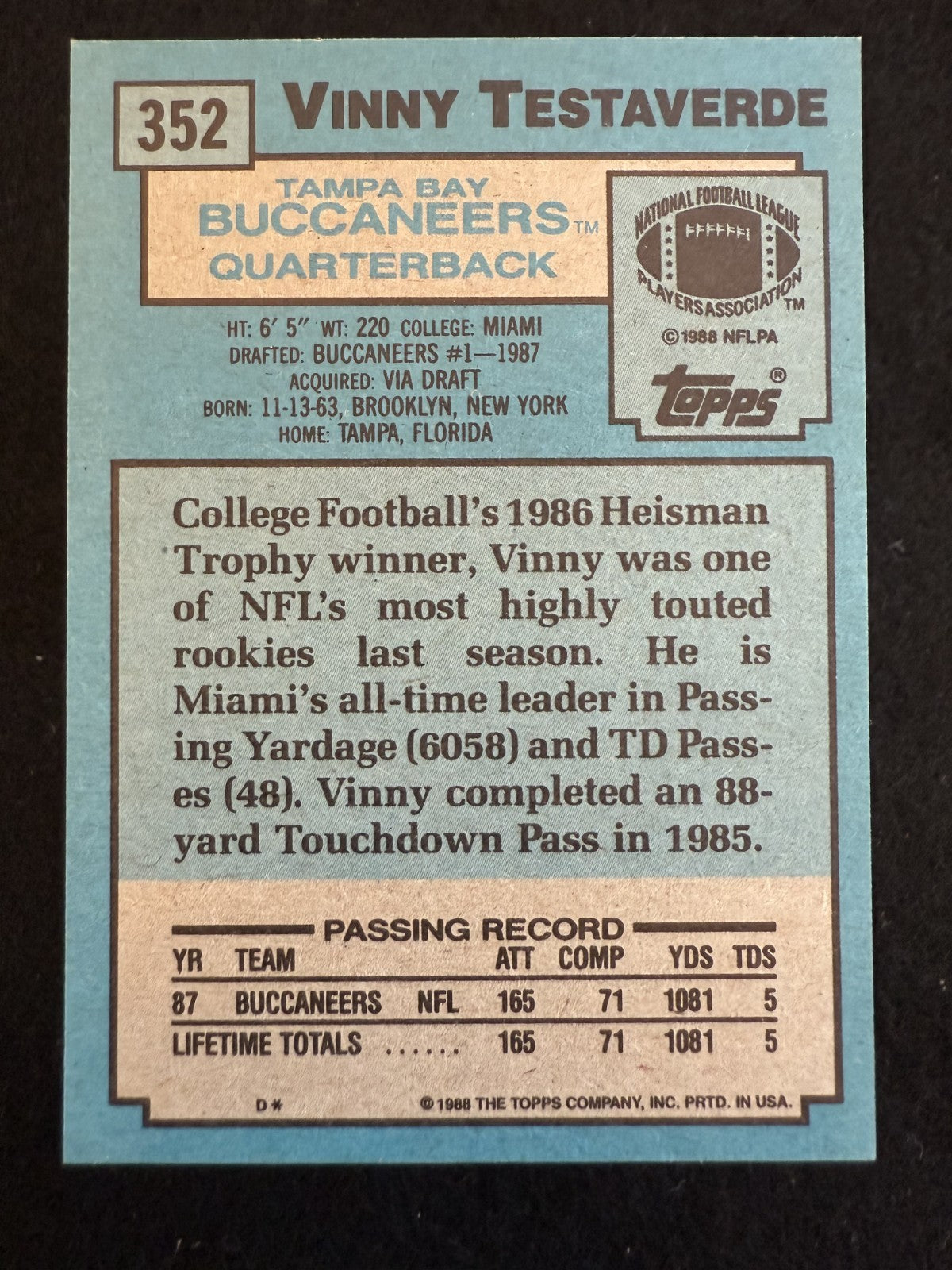 1988 Topps Vinny Testaverde (#352) NM Rookie Card, Heisman Winner ^GRUMPYBUCK^