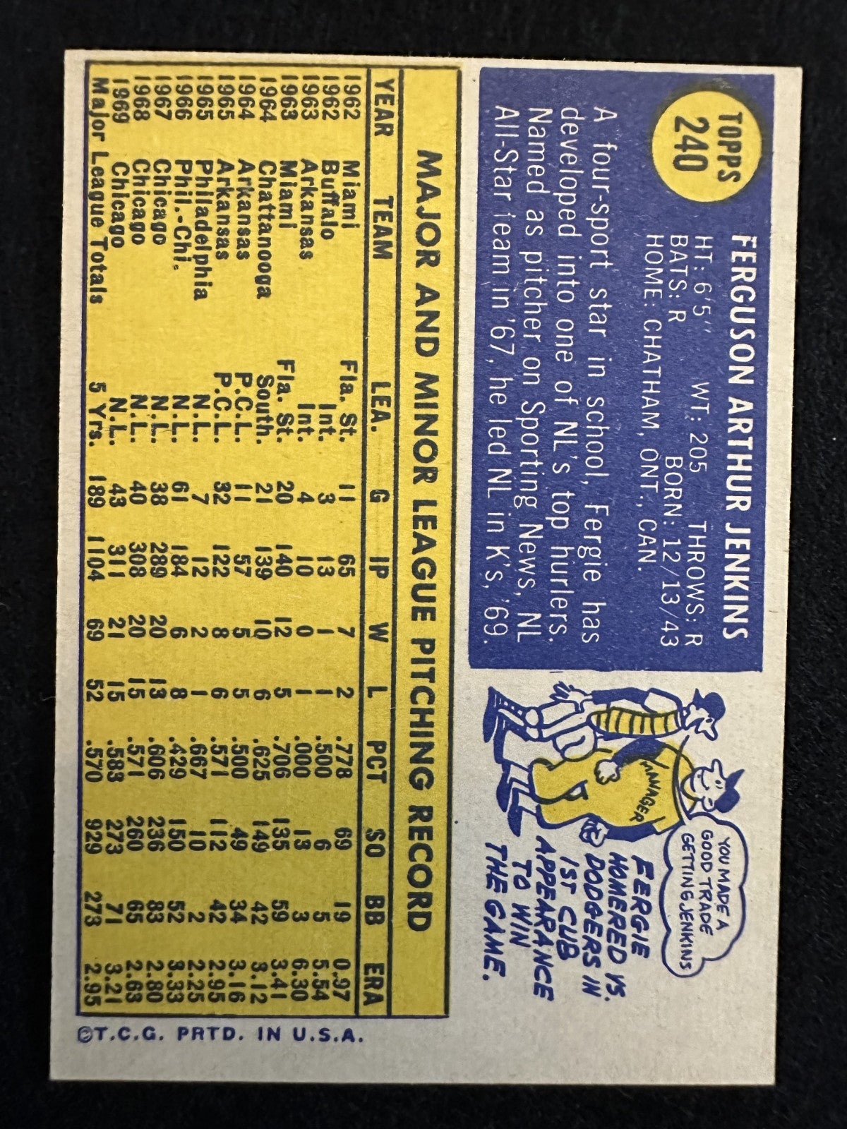 1970 Topps Fergie Jenkins (#240) NM HOFer, Cubs Ace ^GRUMPYBUCK^