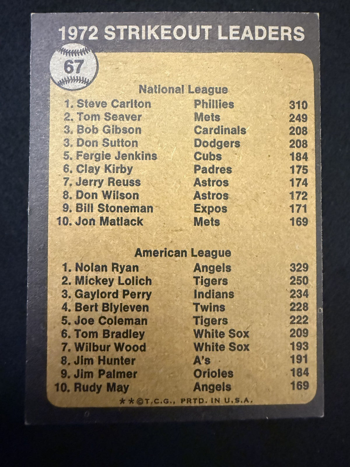 1973 Topps Nolan Ryan Steve Carlton (#67) EX HOFers, K Leaders ^GRUMPYBUCK^