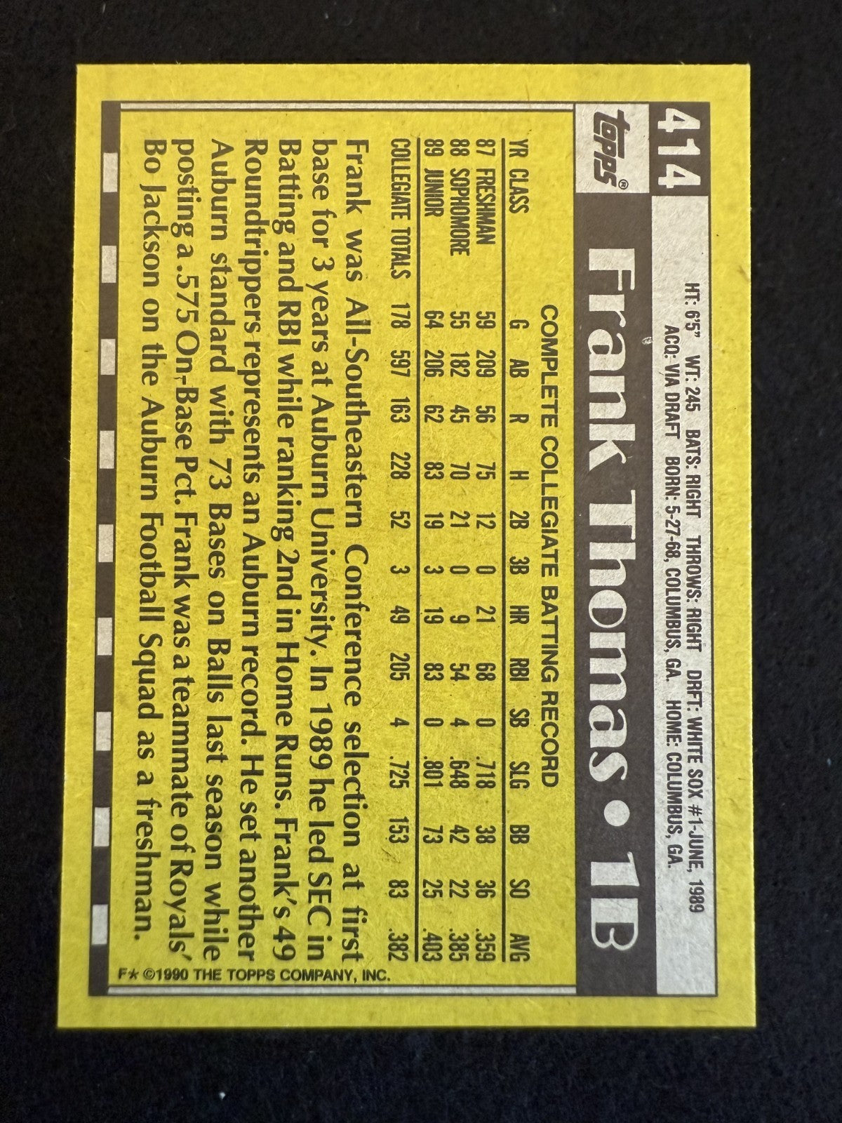1990 Topps Frank Thomas (#414) NM Rookie Card, HOFer, Auburn ^GRUMPYBUCK^