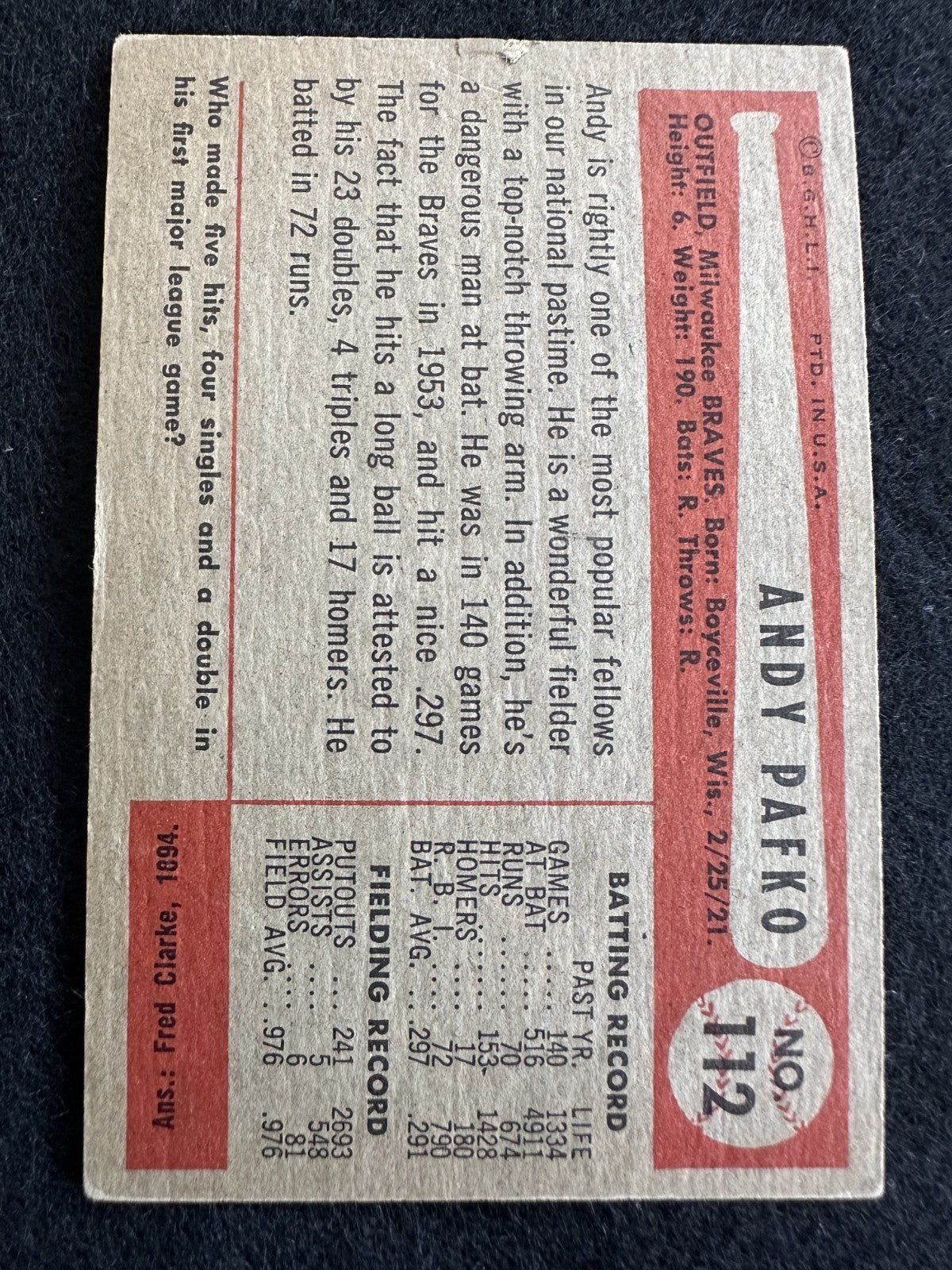 1954 Bowman Andy Pafko (#112) EX All-Star Slugger, Vintage Classic ^GRUMPYBUCK^