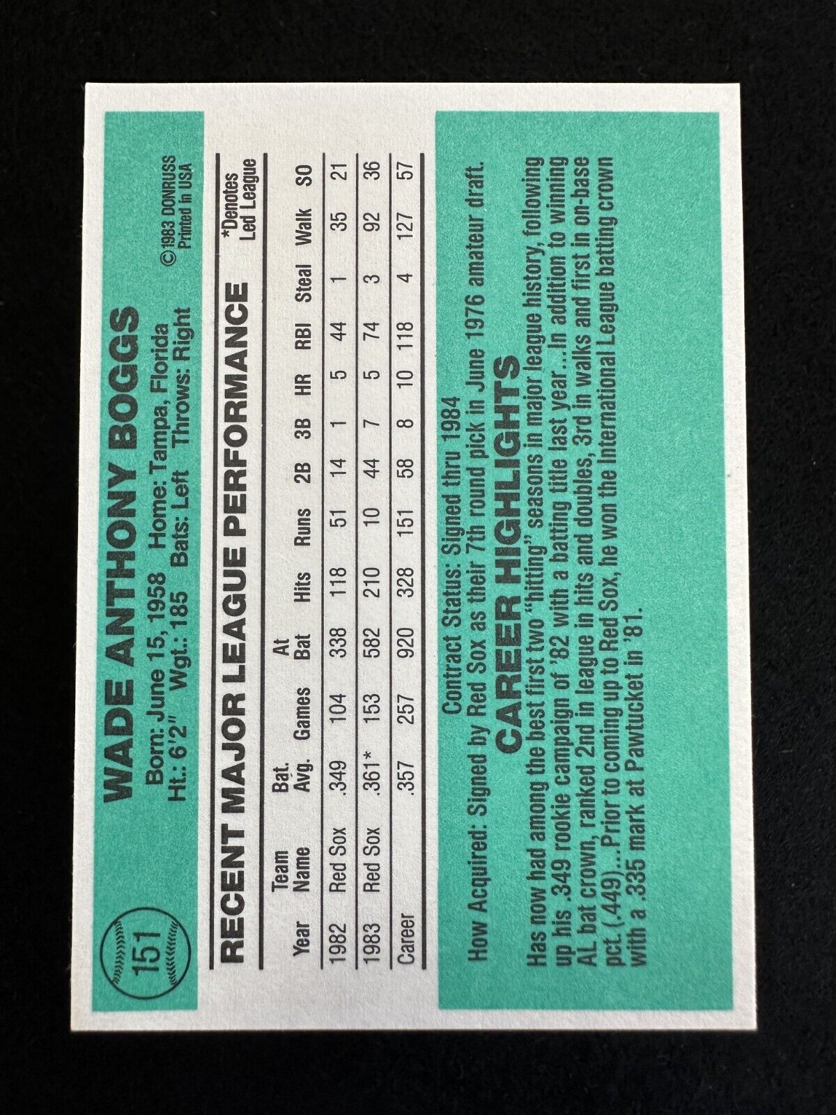 1984 Donruss Wade Boggs (#151) NM HOFer, 3k Hits ^GRUMPYBUCK^