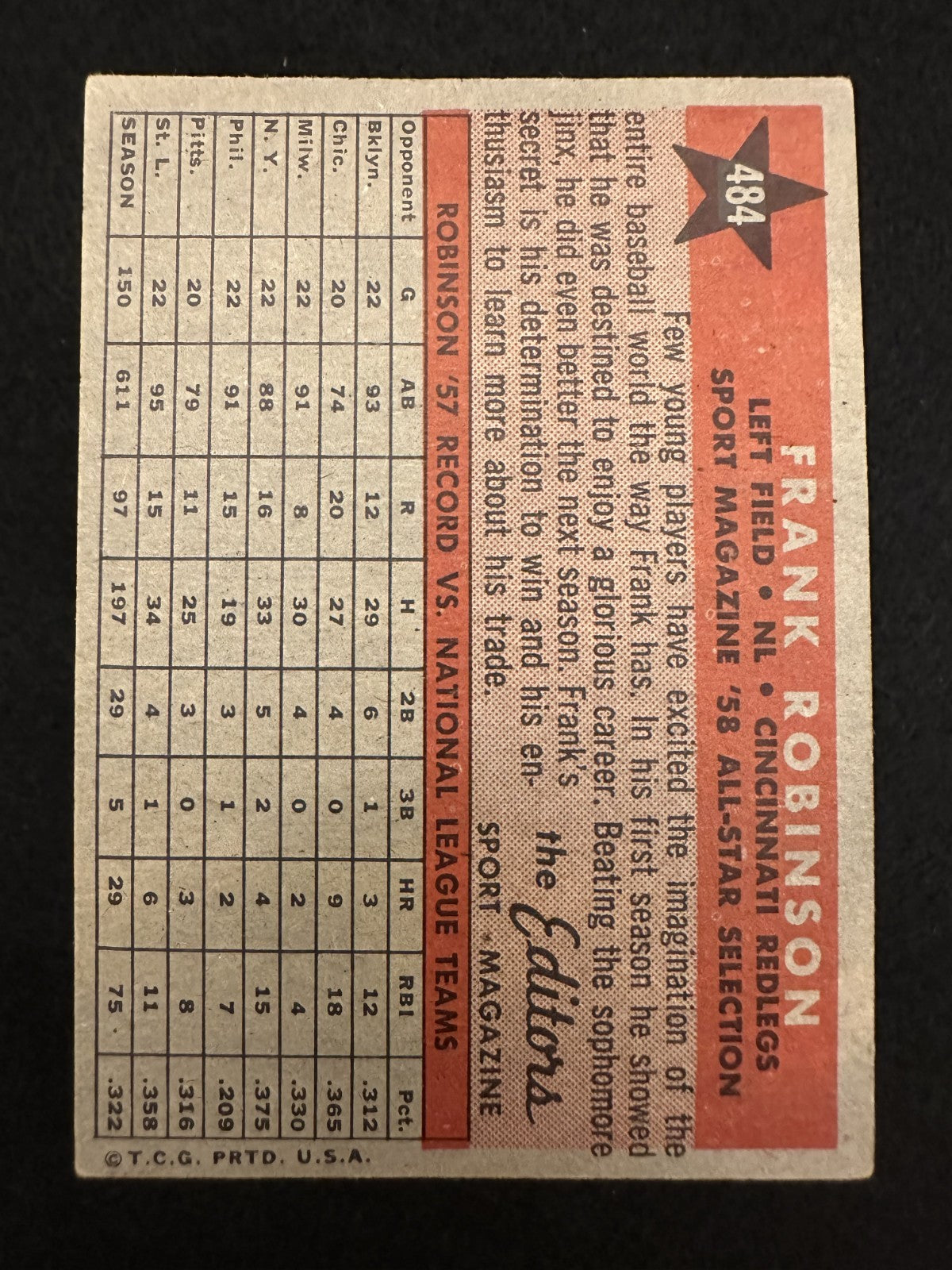 1958 Topps Frank Robinson AS (#484) EX HOFer, Reds Star, MVP ^GRUMPYBUCK^
