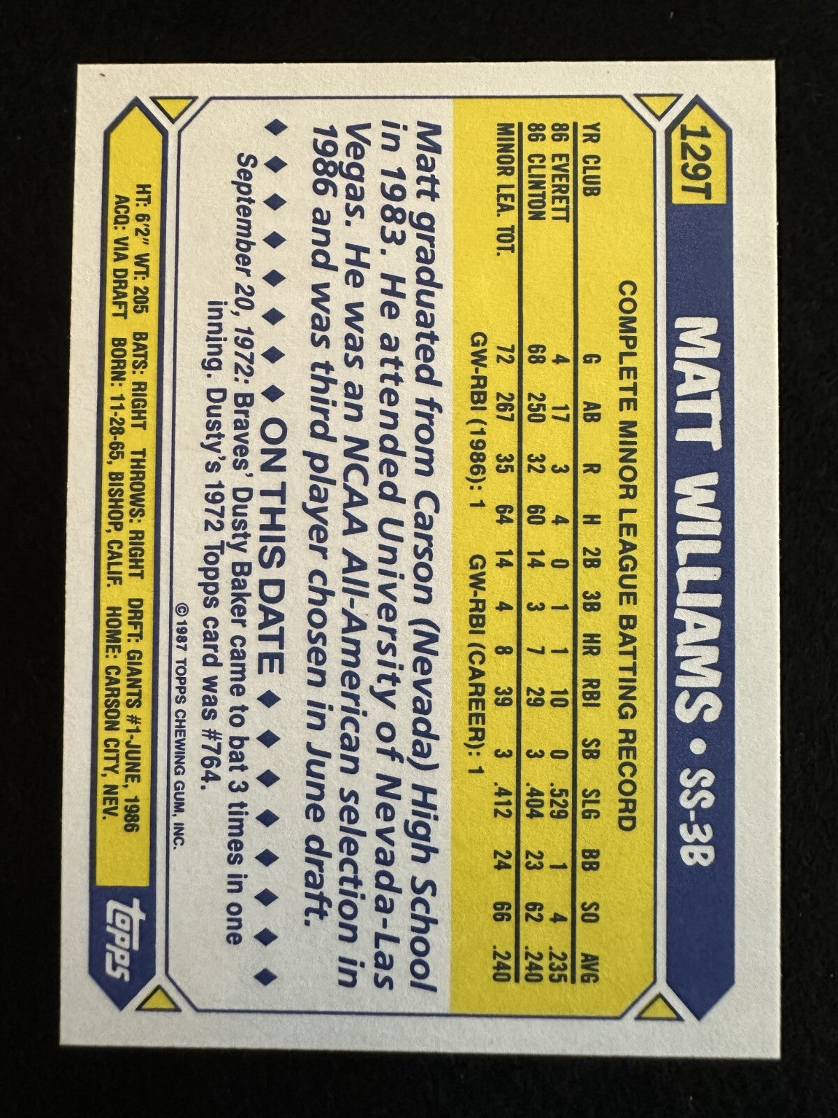 1987 Topps Traded Tiffany Matt Williams (#129T) NM Rookie Card ^GRUMPYBUCK^