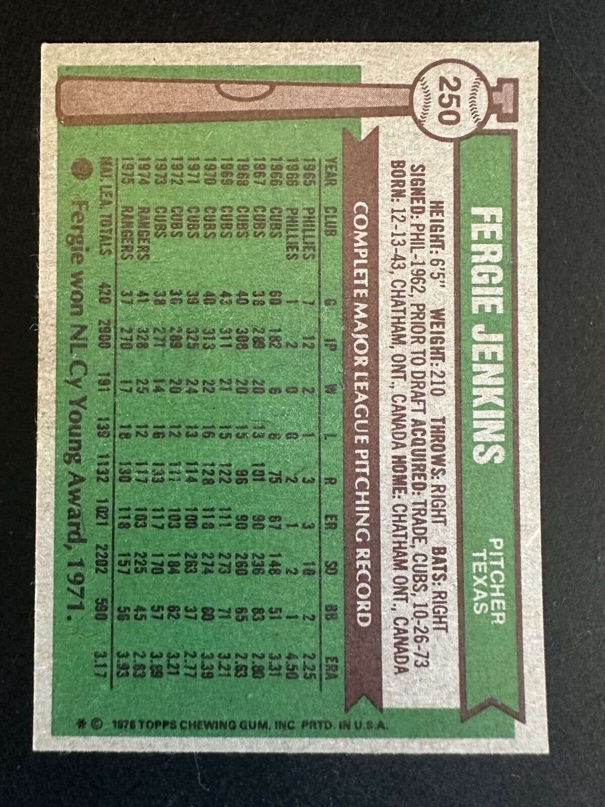 1976 Topps Fergie Jenkins (#250) EX HOFer, Cy Young ^GRUMPYBUCK^