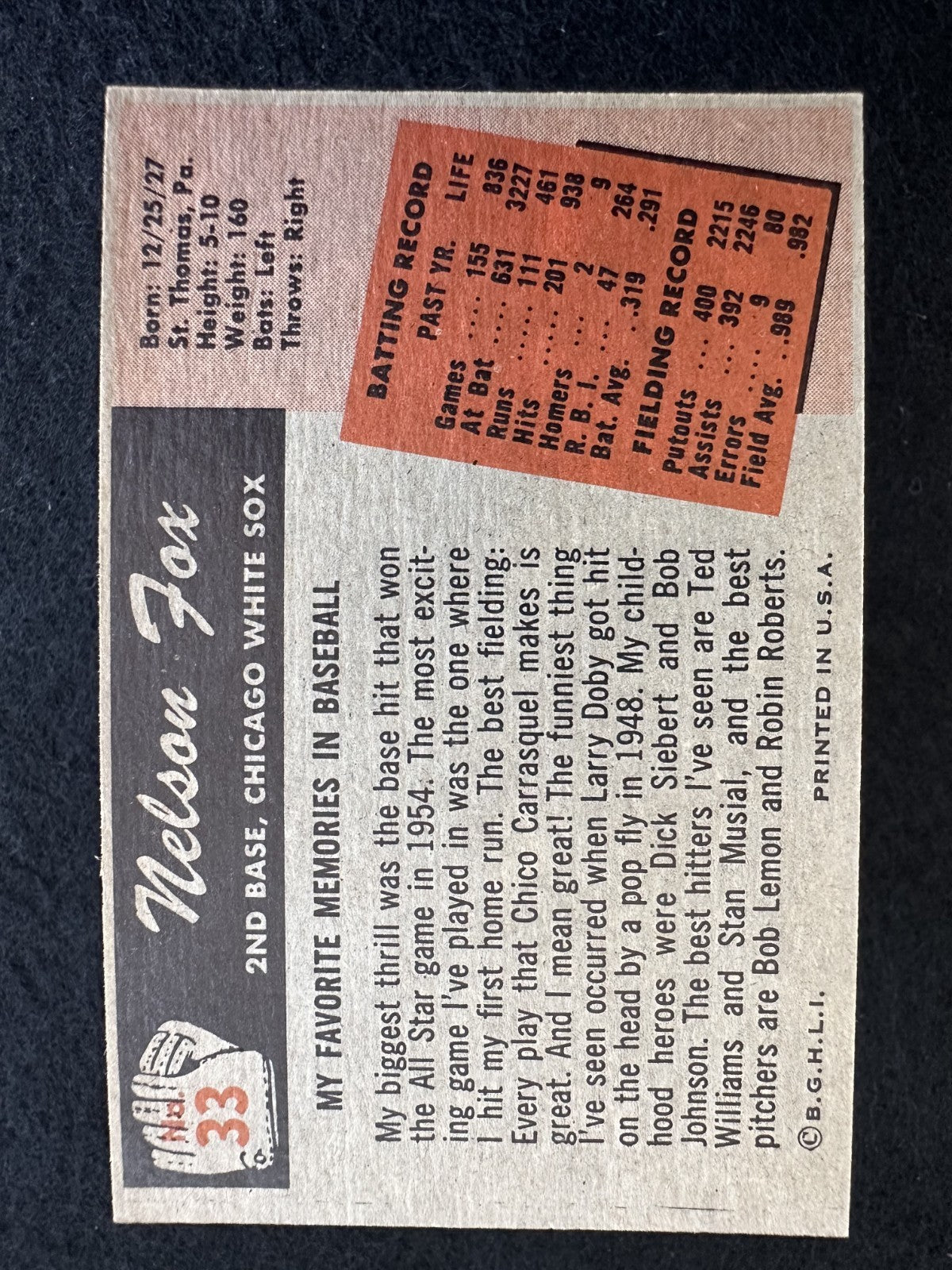 1955 Bowman Nellie Fox (#33) EX HOFer, White Sox Legend ^GRUMPYBUCK^
