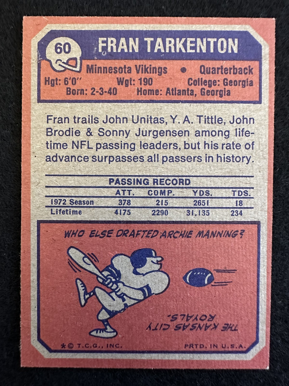1973 Topps Fran Tarkenton (#60) EX HOFer, Vikings QB ^GRUMPYBUCK^
