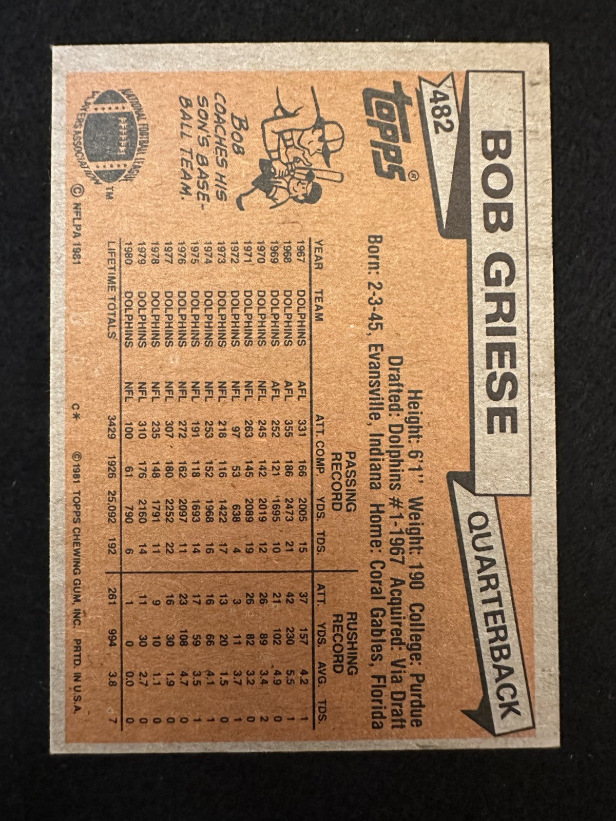 1981 Topps Bob Griese (#482) EX HOF QB, Dolphins Legend ^GRUMPYBUCK^
