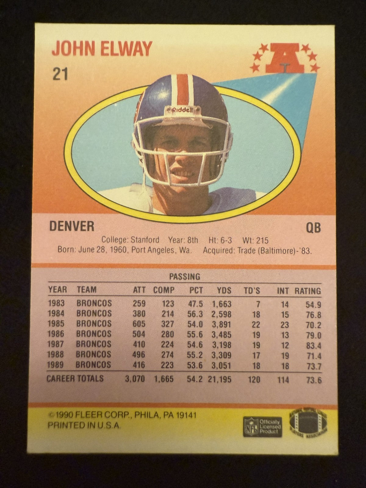 1990 Fleer John Elway (#21) NM HOFer, SB Champion ^GRUMPYBUCK^