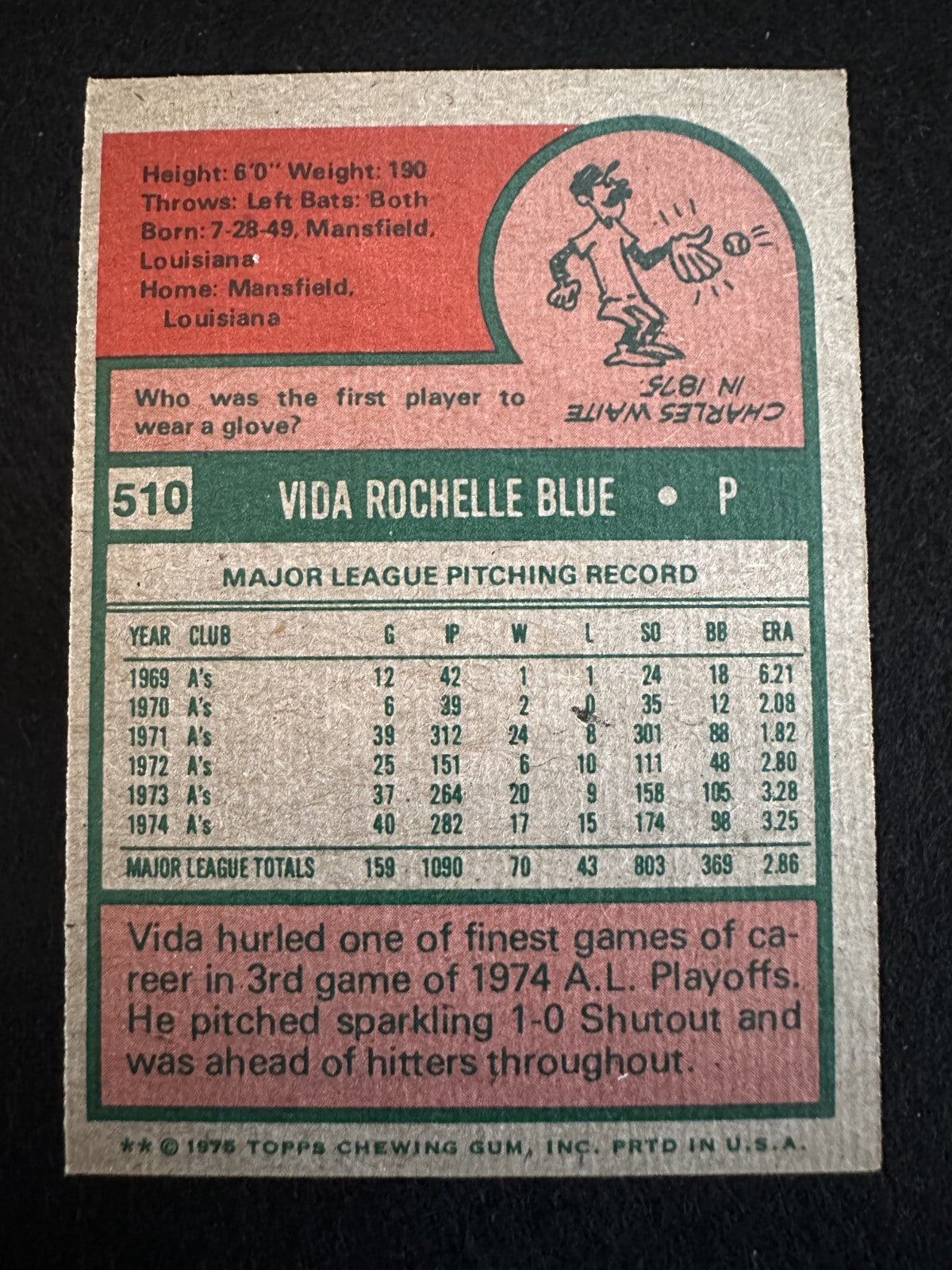 1975 Topps Vida Blue (#510) NM Cy Young, MVP, WS Champ ^GRUMPYBUCK^