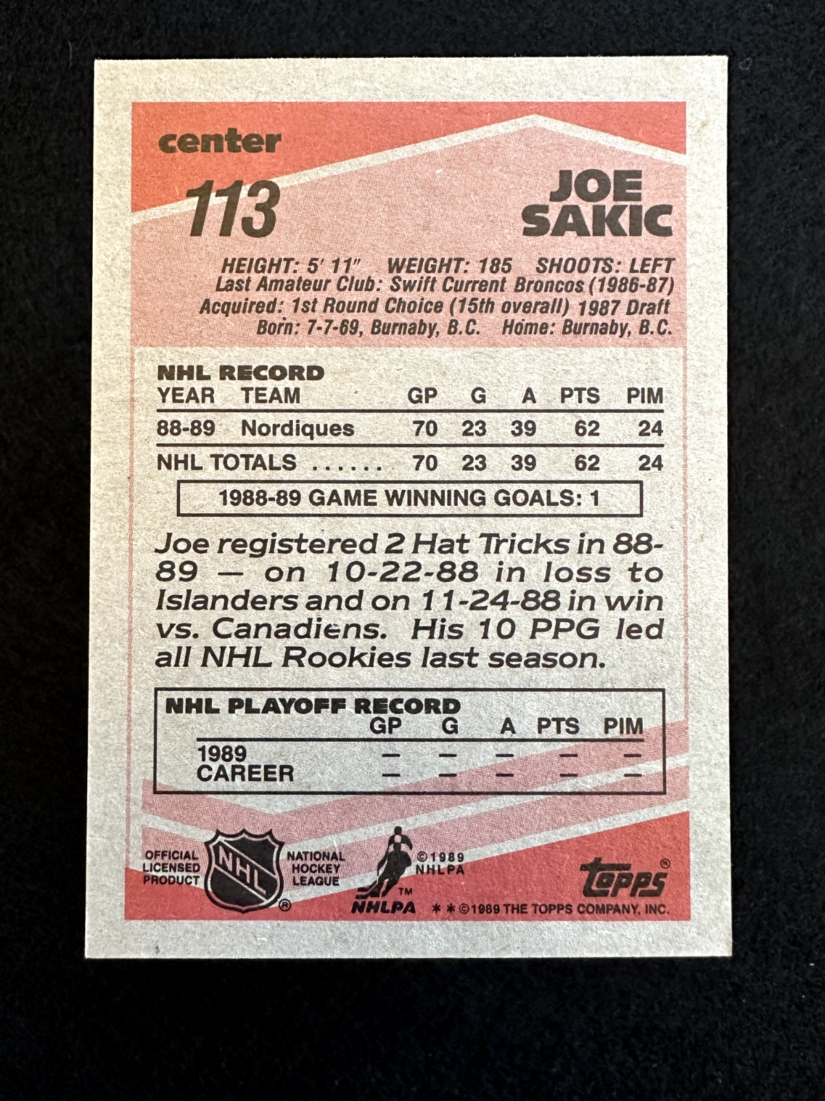 1989-90 Topps Joe Sakic (#113) NM HOFer & Nordiques Great ^GRUMPYBUCK^