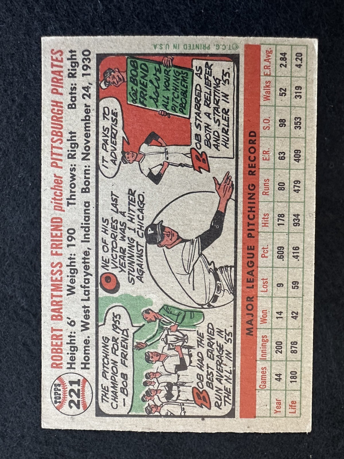 1956 Topps Bob Friend (#221) EX All-Star P, Pirates Workhorse ^GRUMPYBUCK^