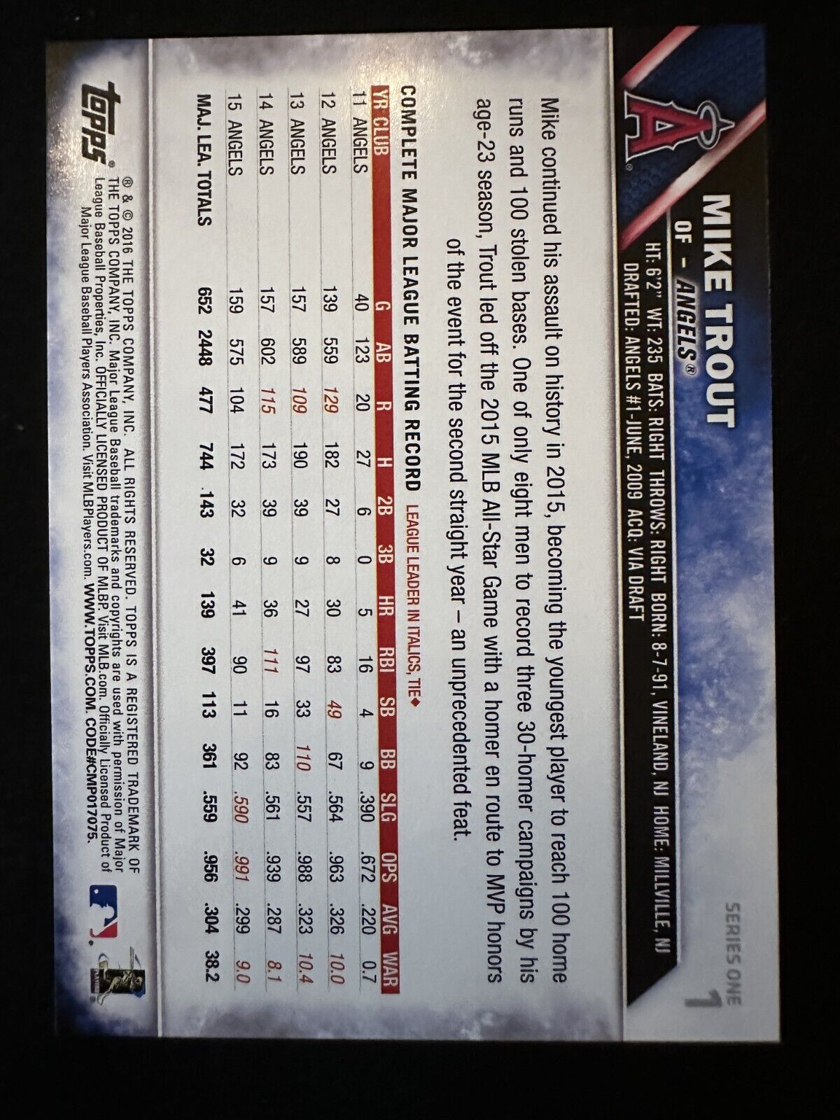 2016 Topps Mike Trout (#1) NM MVP, Rookie of the Year ^GRUMPYBUCK^