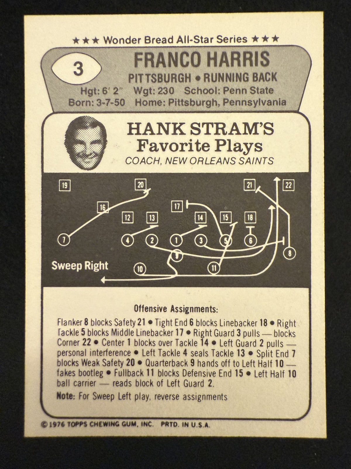 1976 Wonder Bread All-Star Series Franco Harris (#3) EX HOFer ^GRUMPYBUCK^