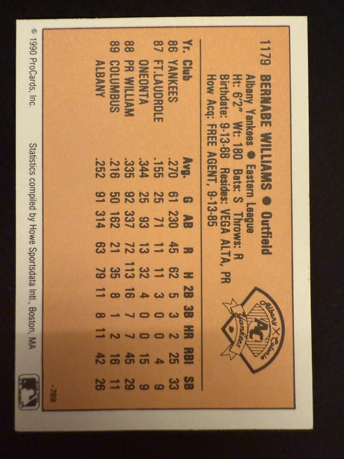 1990 ProCards Minor League Bernie Williams (#1179) NM Rookie Card ^GRUMPYBUCK^