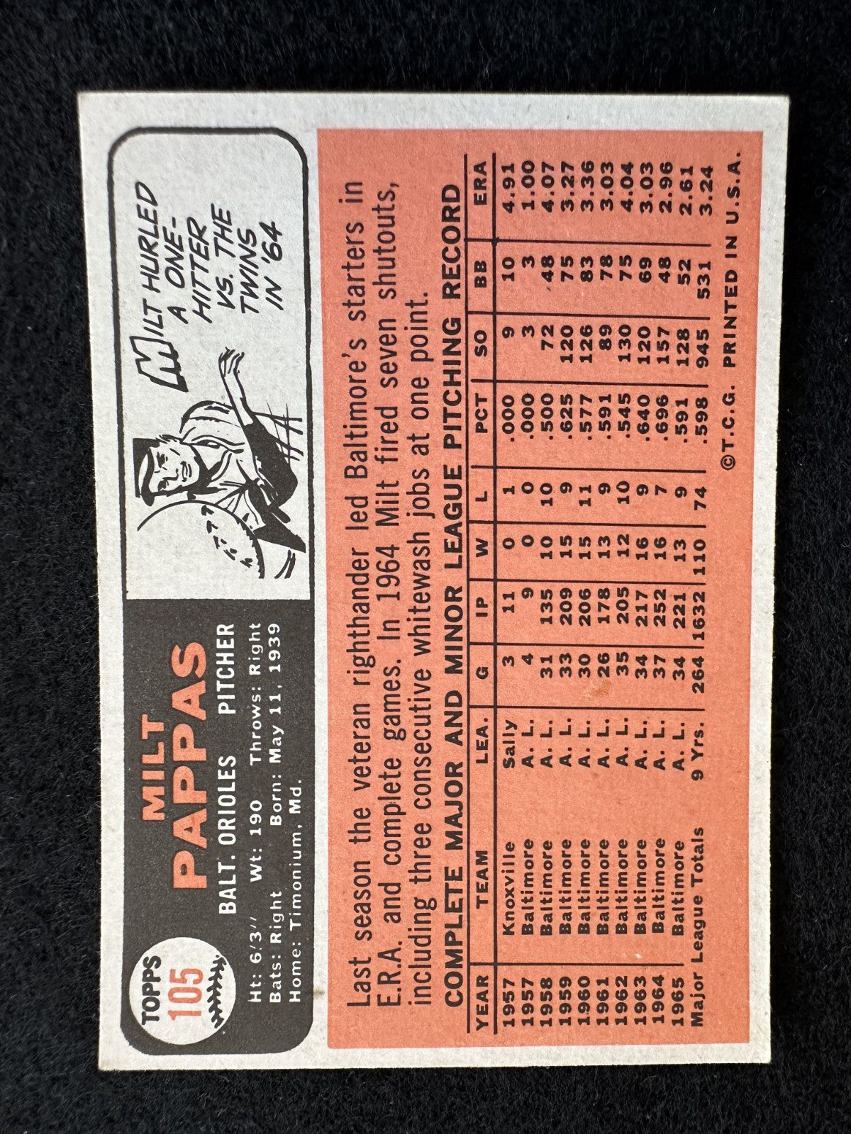 1966 Topps Milt Pappas (#105) EX All Star, Orioles Great ^GRUMPYBUCK^