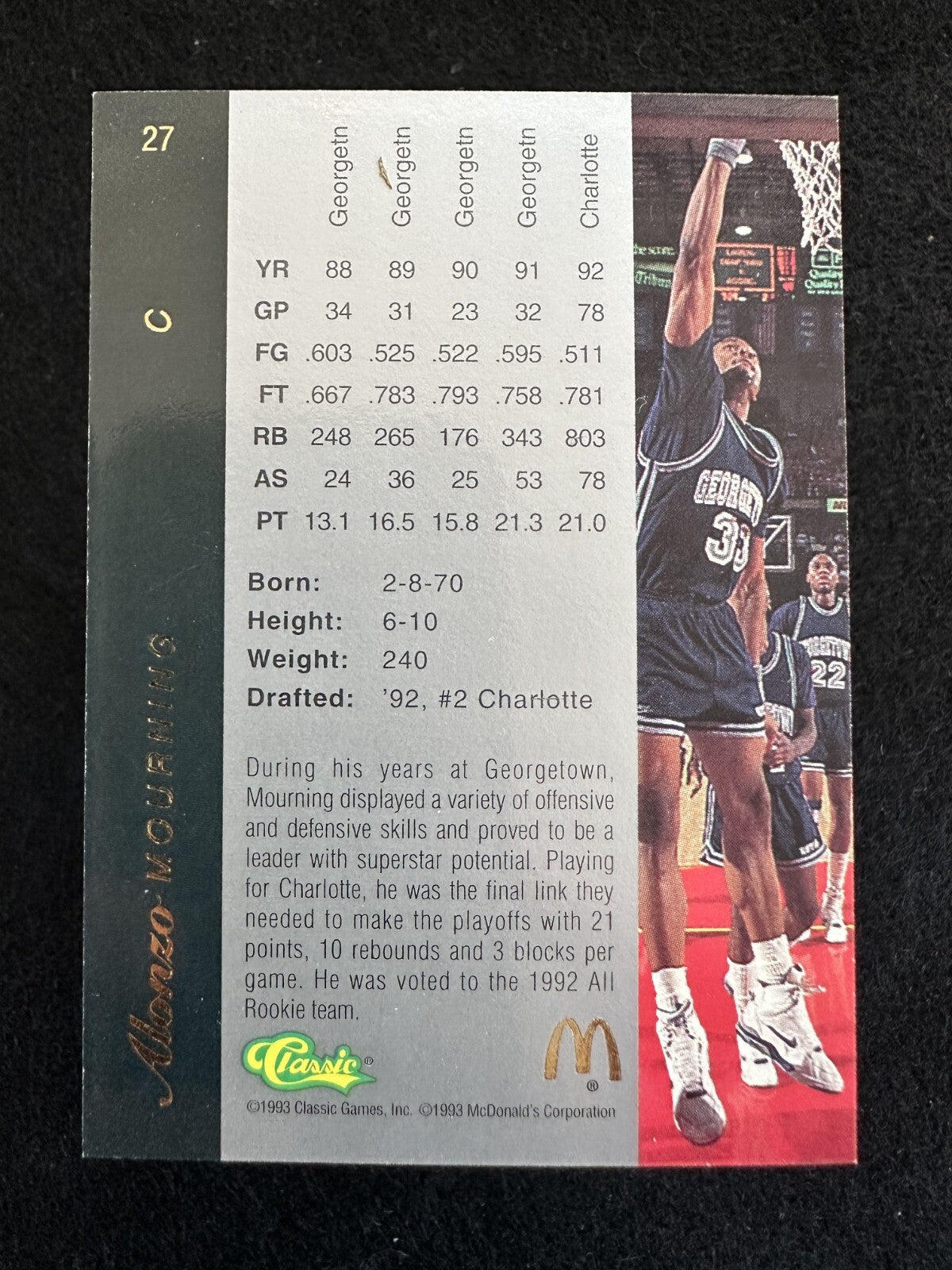 1993–94 Classic Alonzo Mourning (#27) NM HOFer, Rookie Card ^GRUMPYBUCK^