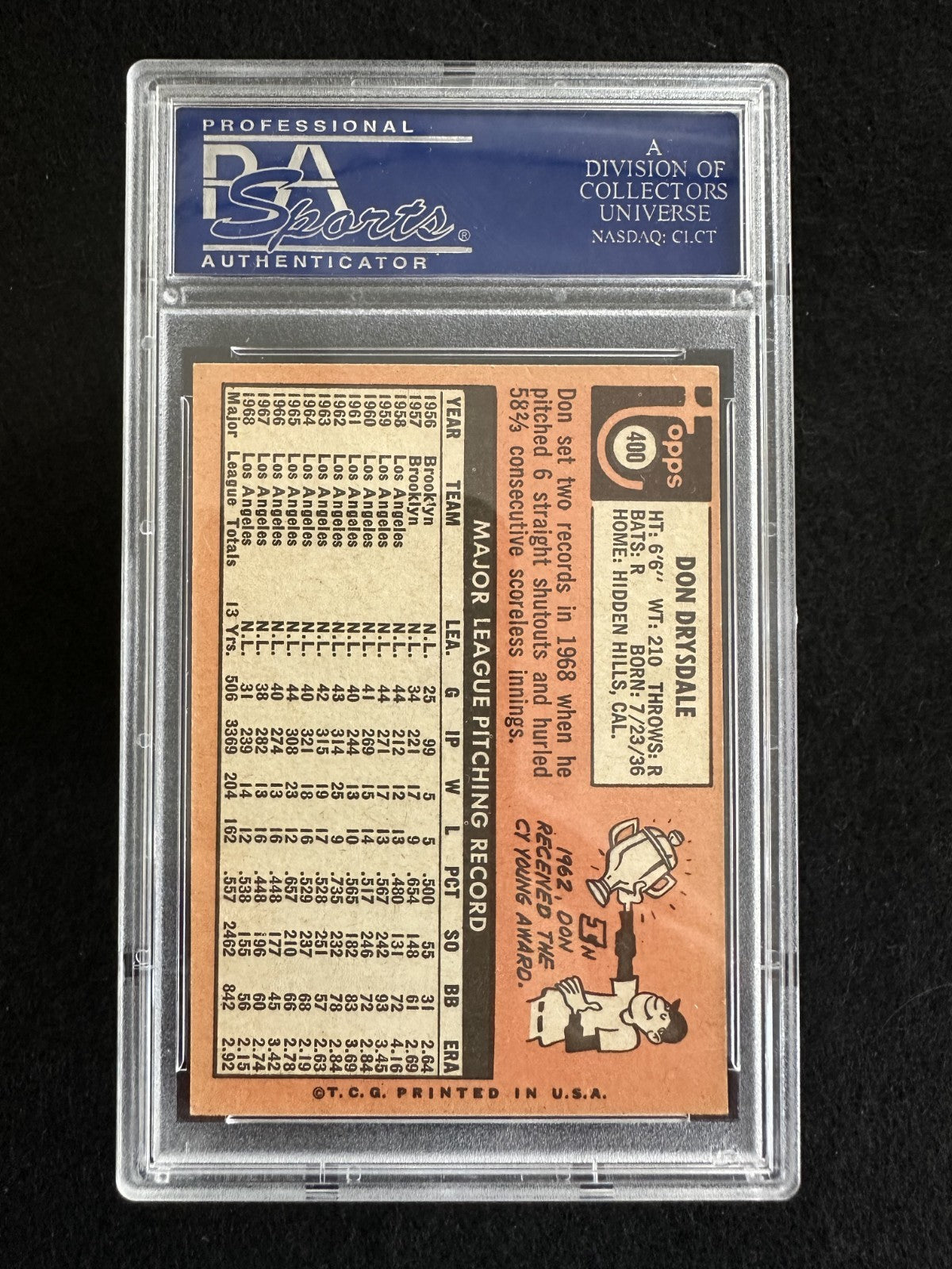 1969 Topps Don Drysdale (#400) PSA 7 HOFer, Dodgers Great ^GRUMPYBUCK^