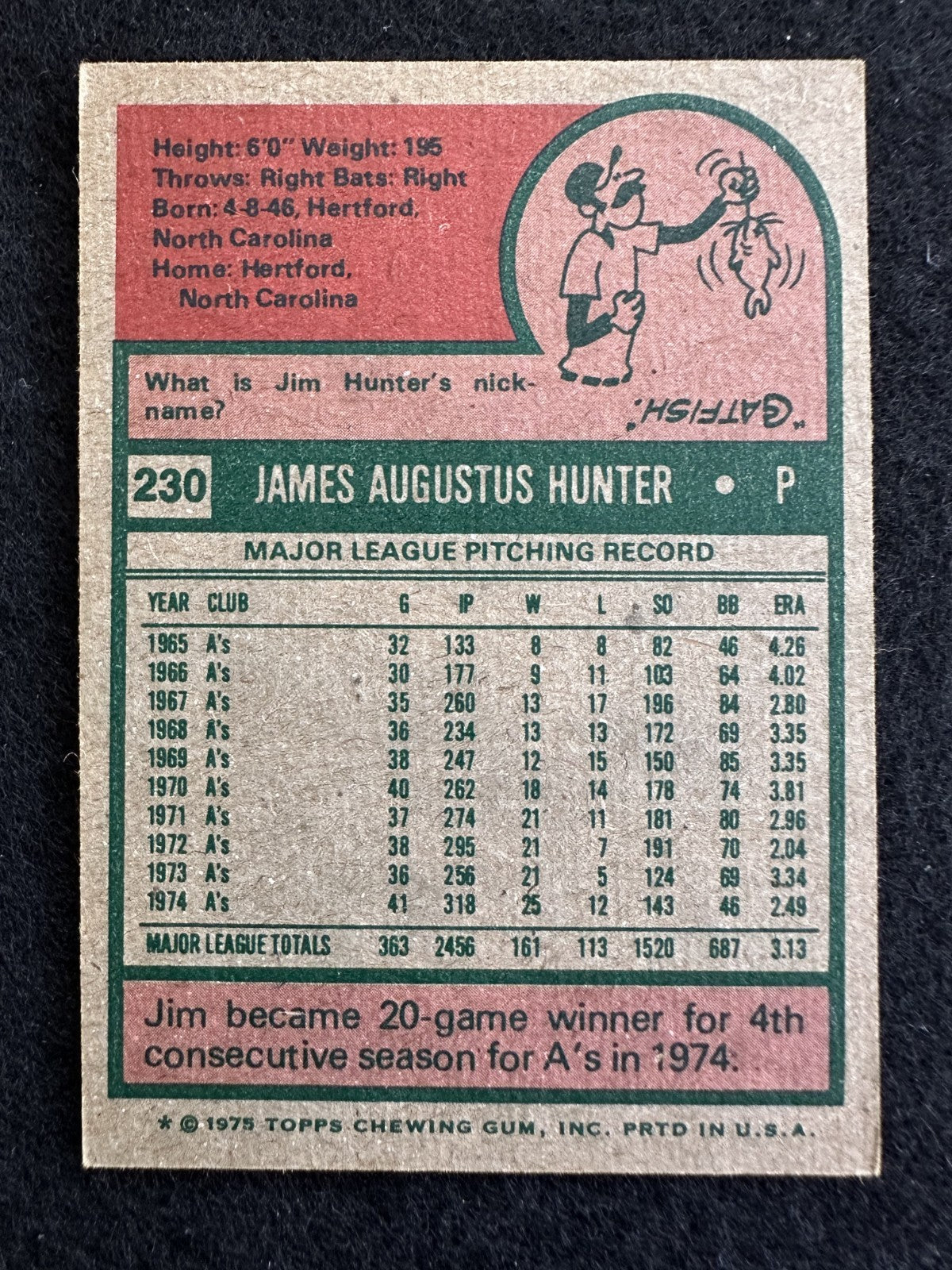 1975 Topps Jim “Catfish” Hunter (#230) NM HOFer, A's/Yankees Great ^GRUMPYBUCK^