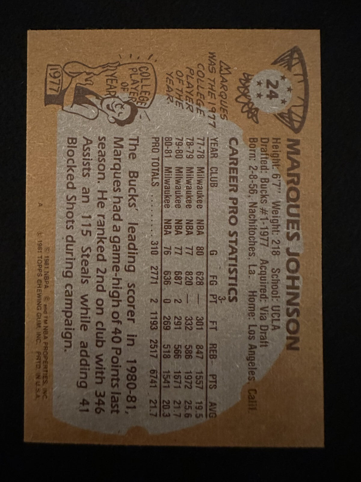 1981–82 Topps Marques Johnson (#24) NM All Star ^GRUMPYBUCK^