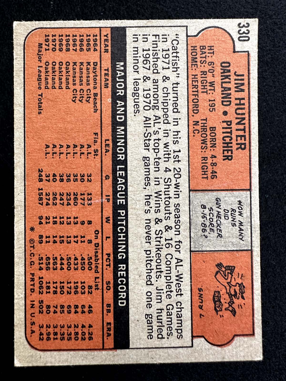1972 Topps Jim “Catfish” Hunter (#330) EX HOFer, WS Champ ^GRUMPYBUCK^