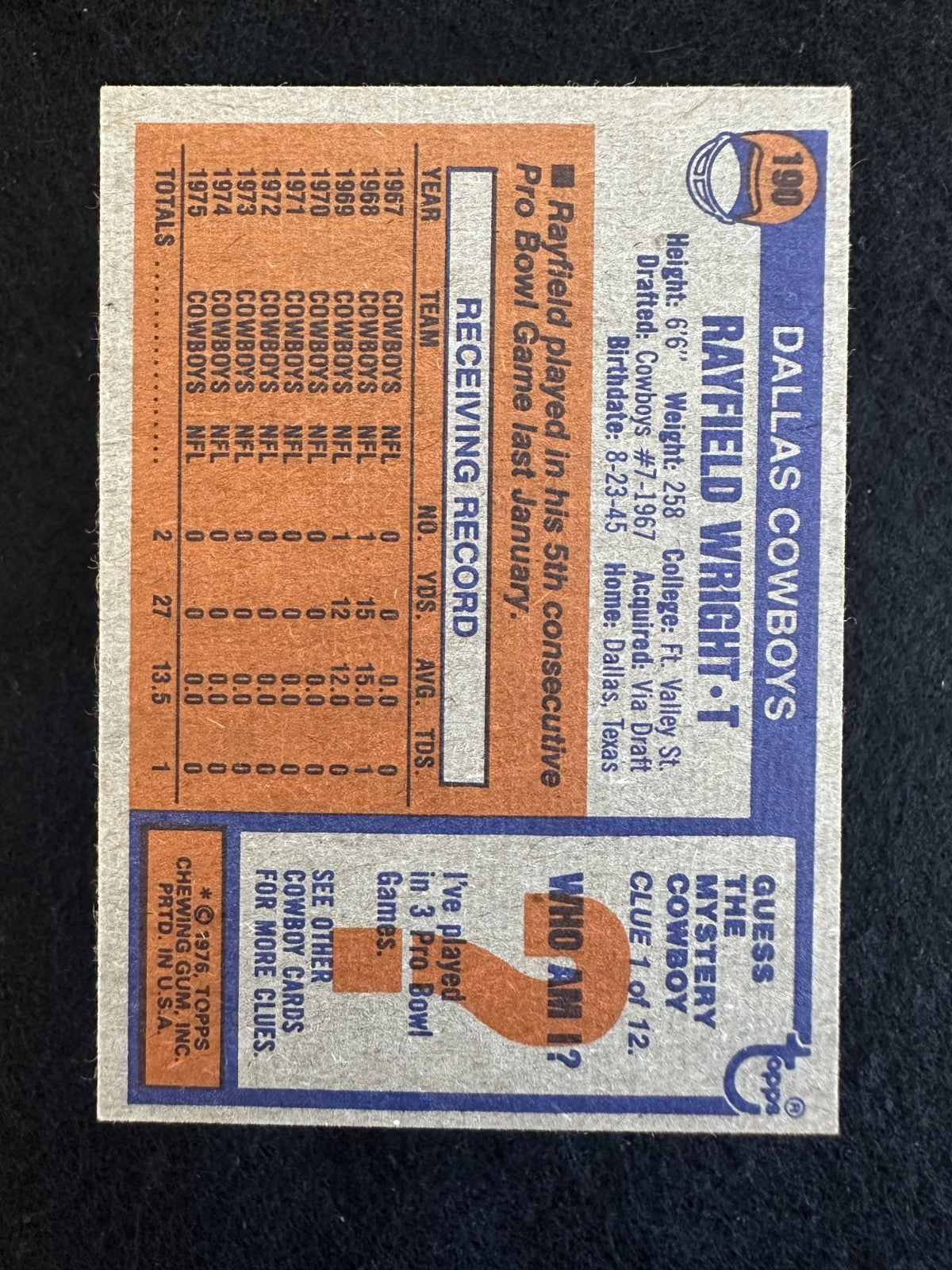 1976 Topps Rayfield Wright (#190) NM HOFer, Cowboys Legend ^GRUMPYBUCK^
