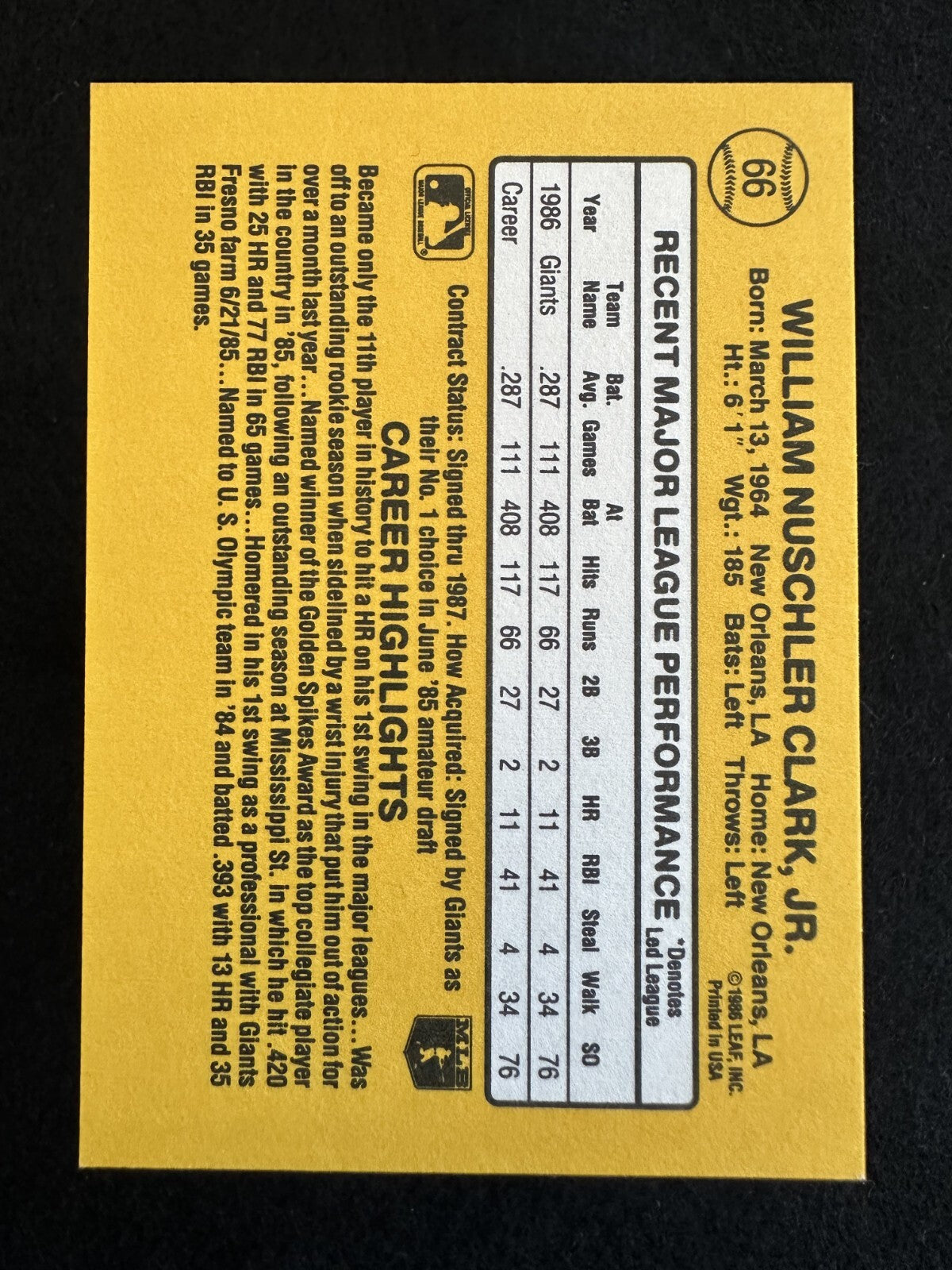 1987 Donruss Will Clark (#66) NM Rookie Card, Giants Fan Favorite ^GRUMPYBUCK^