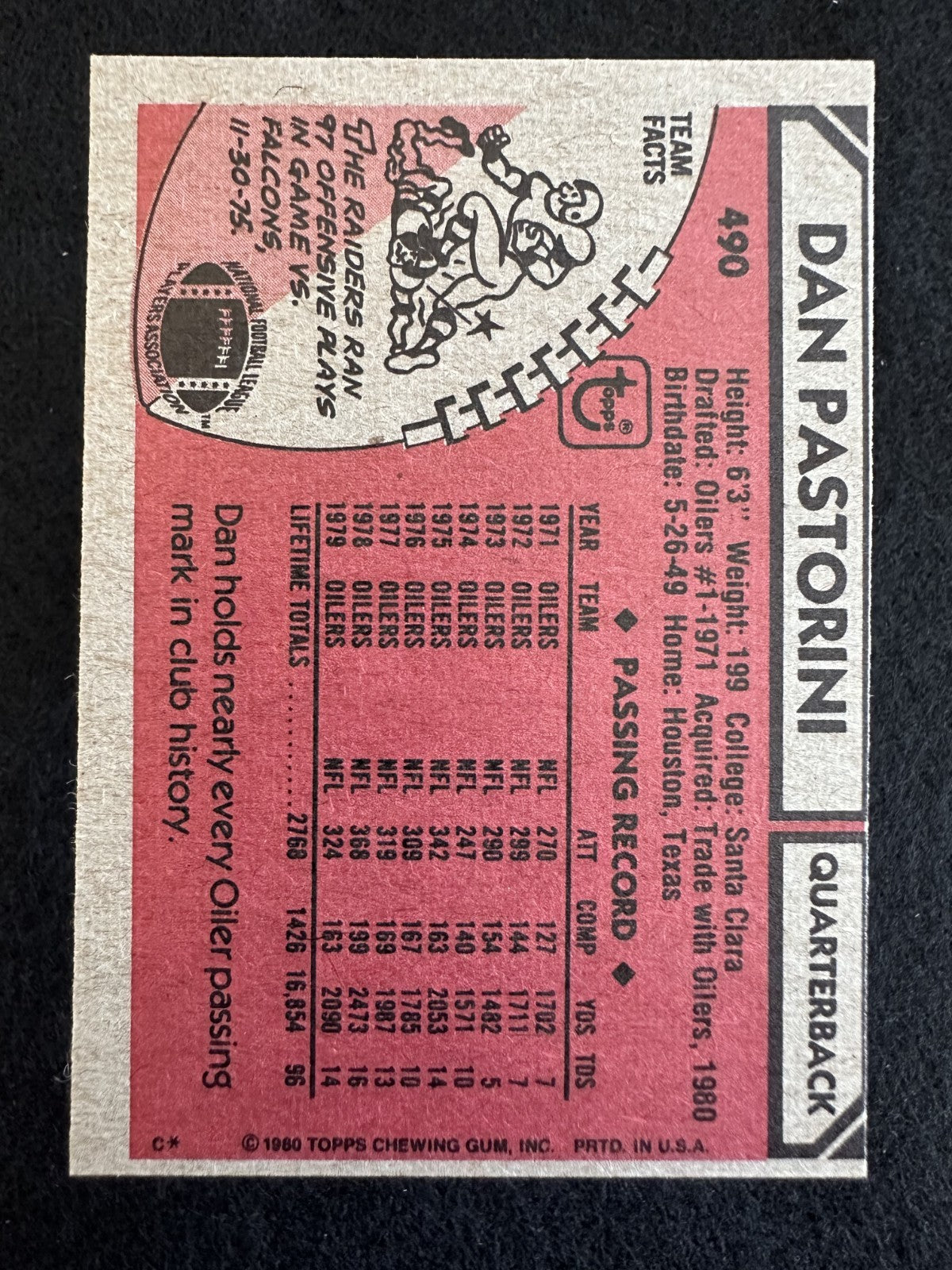 1980 Topps Dan Pastorini (#490) NM Oilers/Raiders QB, Tough Era Vet ^GRUMPYBUCK^