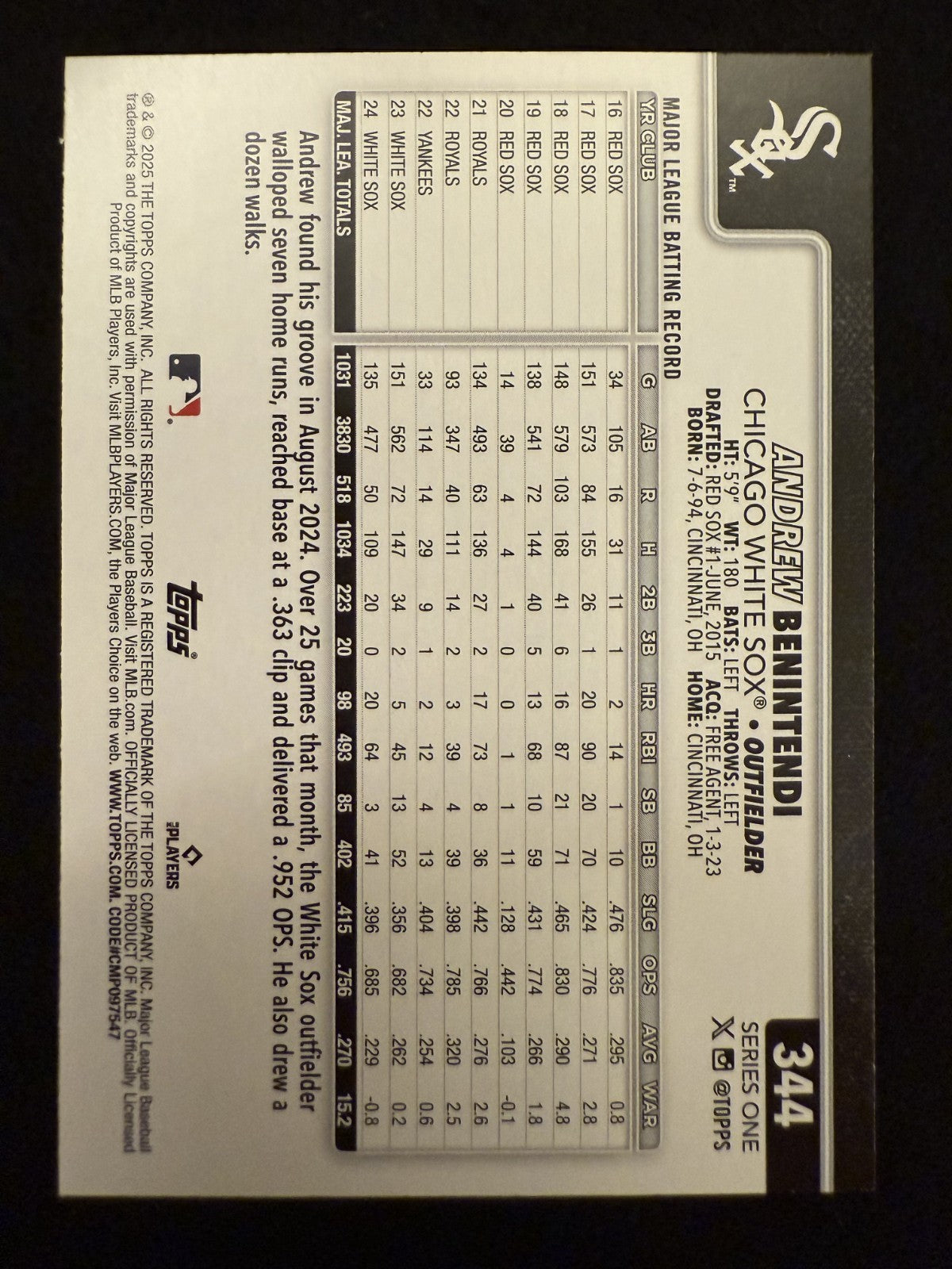 2025 Topps Series 1 Andrew Benintendi (#344) MINT Spring Training ^GRUMPYBUCK^